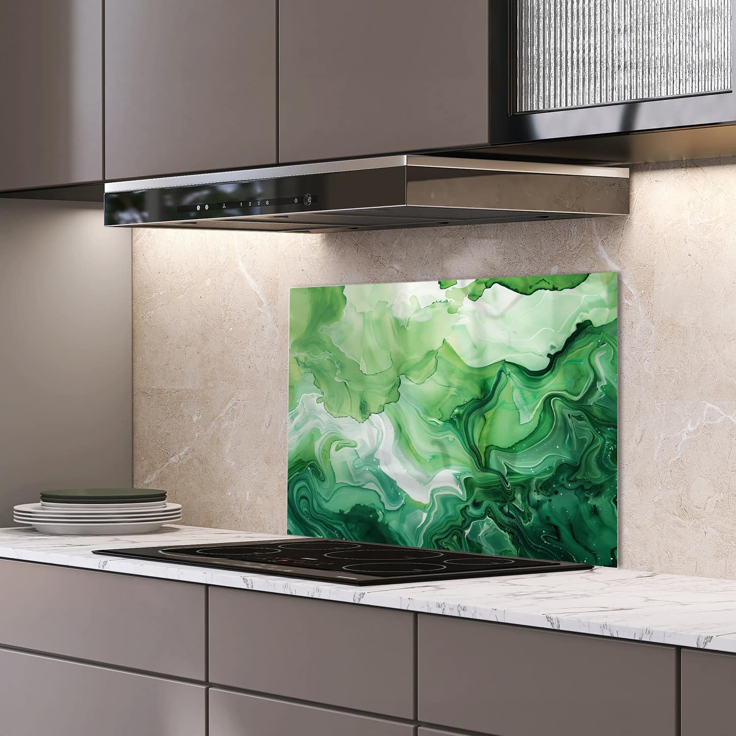 Eigen afmeting spatscherm-op-maat Keuken - Hittebestendig gehard glas - Groene Waterverf Textuur