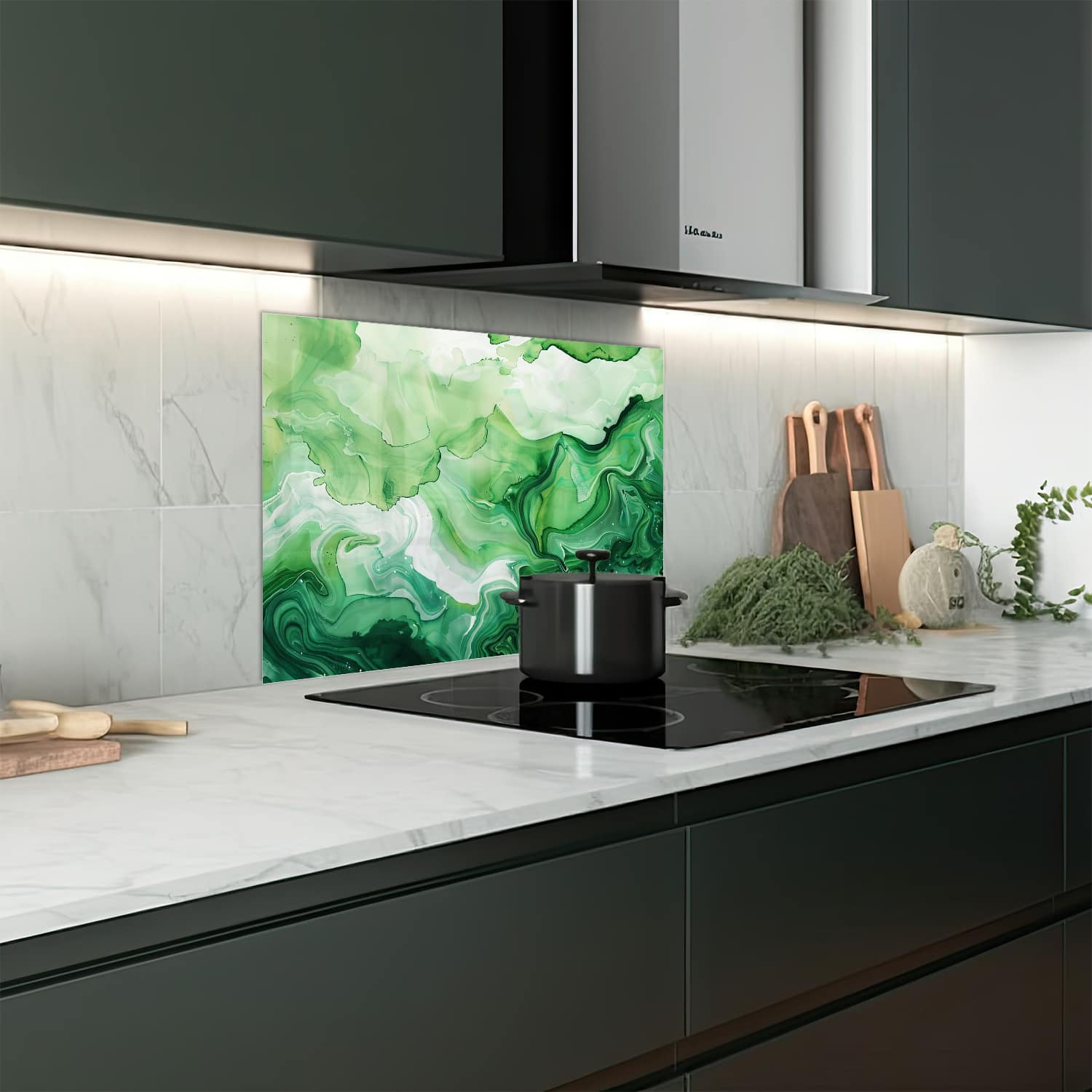 Eigen afmeting spatscherm-op-maat Keuken - Hittebestendig gehard glas - Groene Waterverf Textuur