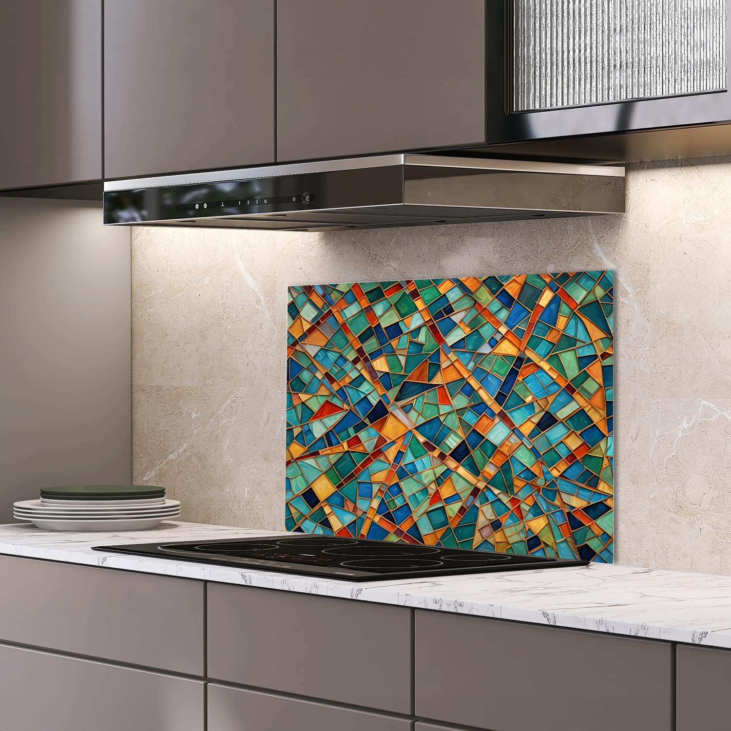 Eigen afmeting spatscherm-op-maat Keuken - Hittebestendig gehard glas - Mozaek Textuur