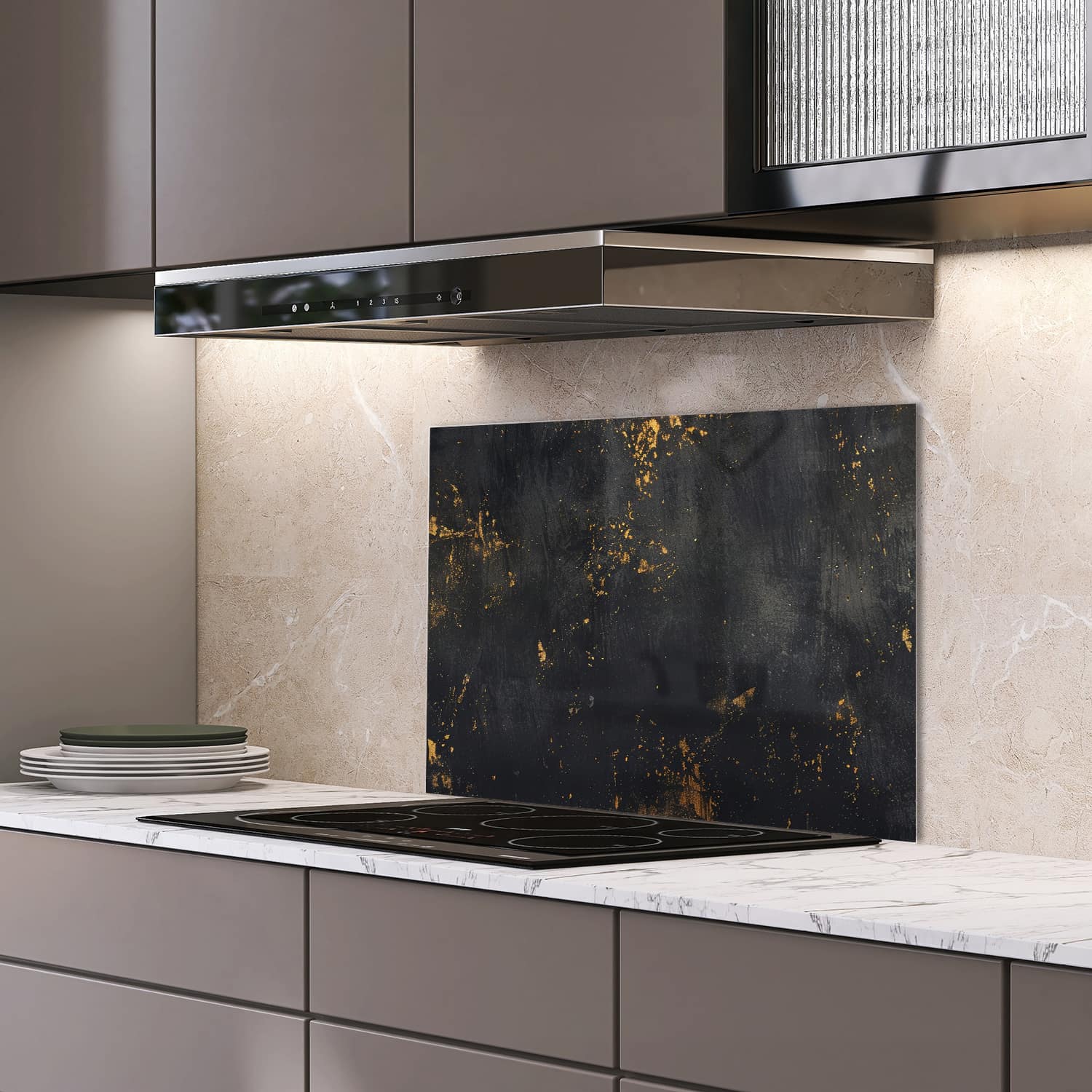 Eigen afmeting spatscherm-op-maat Keuken - Hittebestendig gehard glas - Gouden Stof op Ruwe Textuur