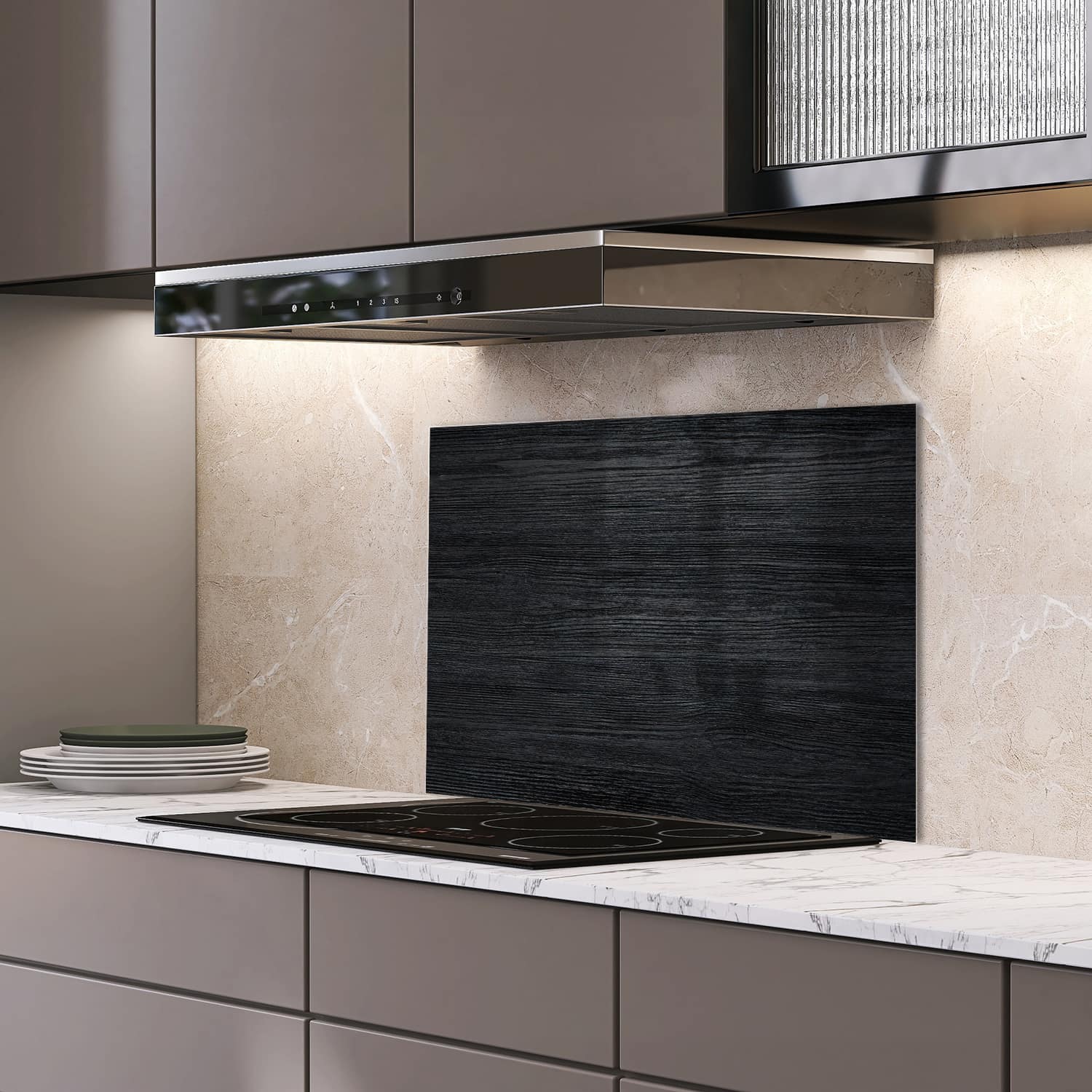 Eigen afmeting spatscherm-op-maat Keuken - Hittebestendig gehard glas - Donker Hout