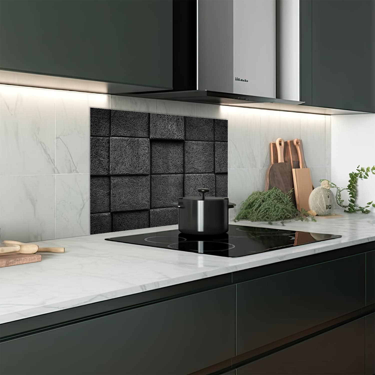 Eigen afmeting spatscherm-op-maat Keuken - Hittebestendig gehard glas - Donkere Blokken