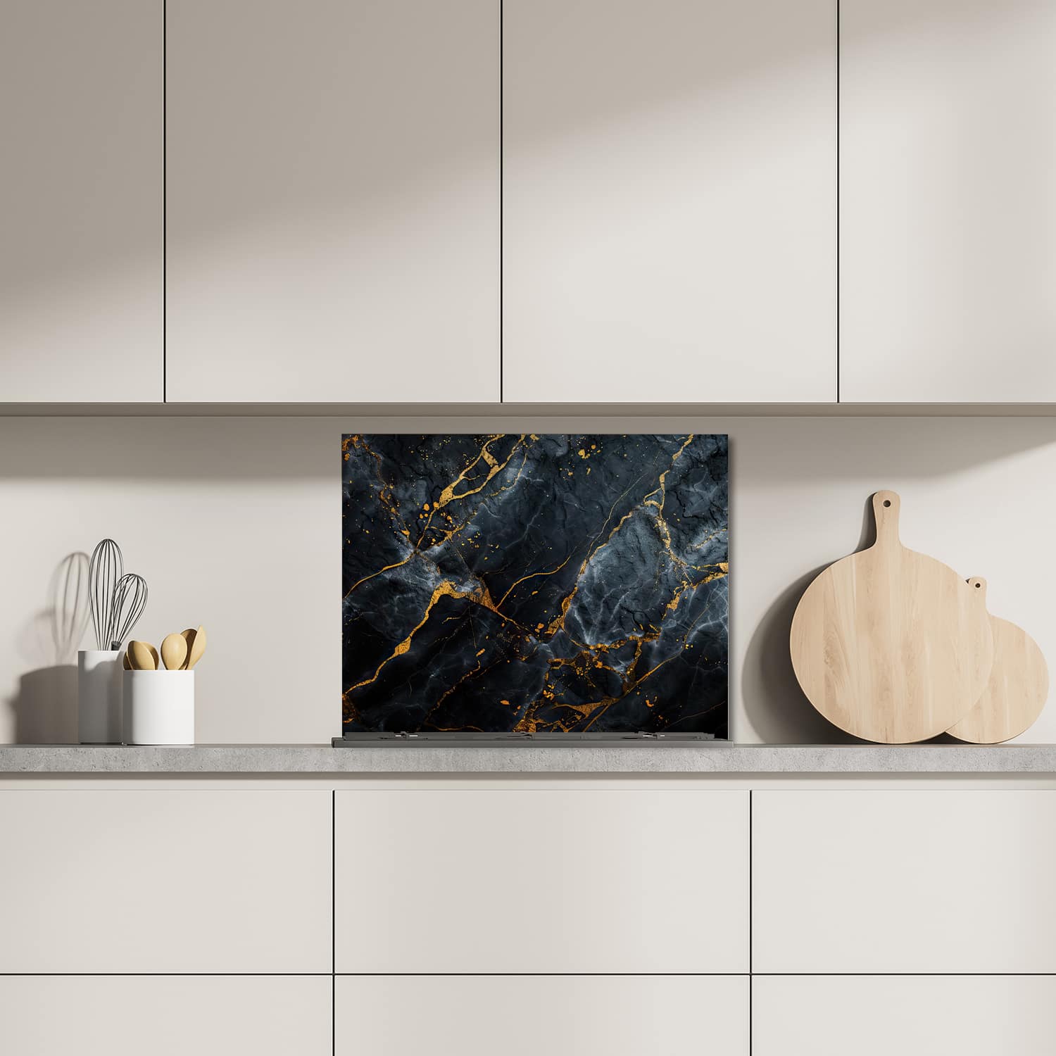 Eigen afmeting spatscherm-op-maat Keuken - Hittebestendig gehard glas - Vloeiende Kunst Marmer Zwart/Goud