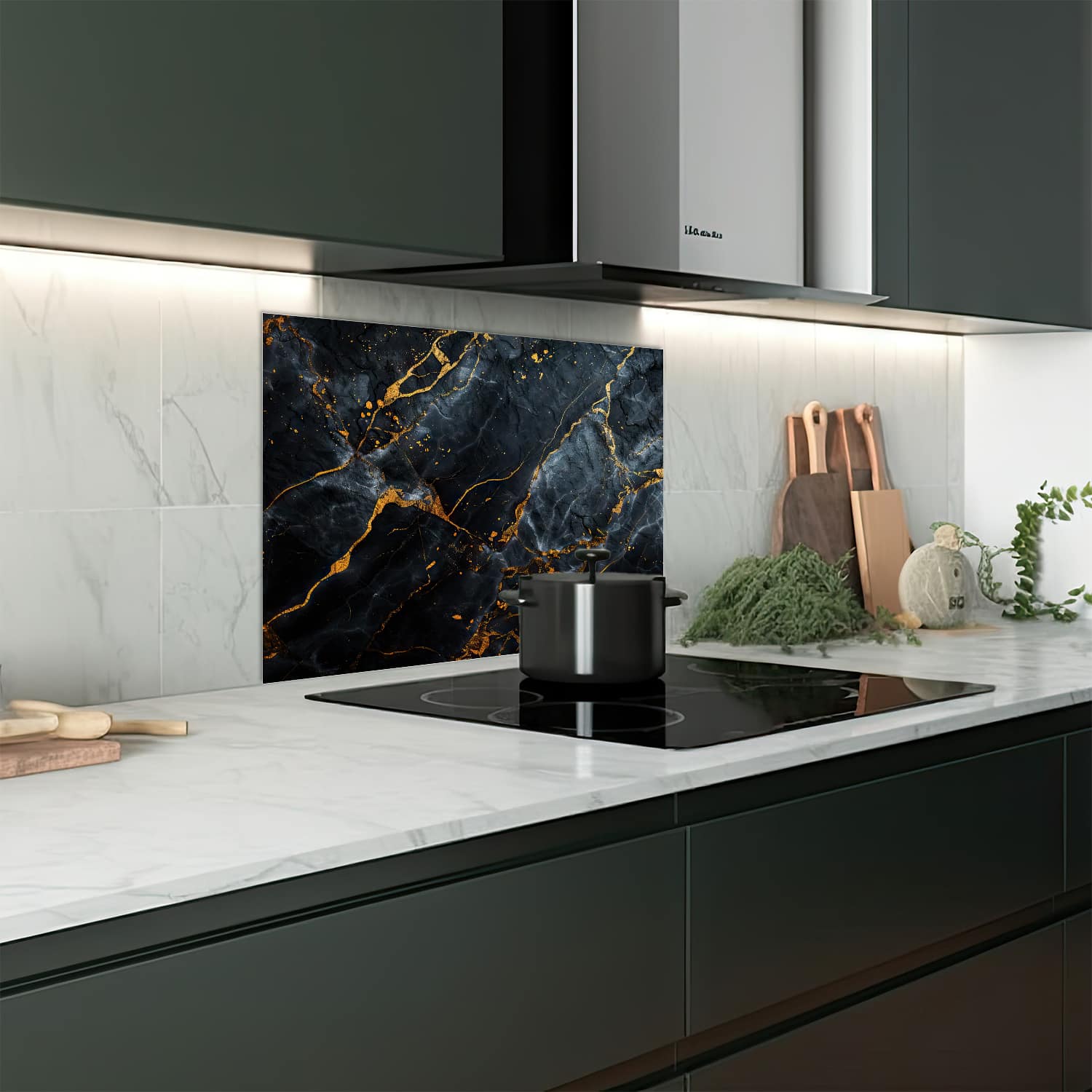 Eigen afmeting spatscherm-op-maat Keuken - Hittebestendig gehard glas - Vloeiende Kunst Marmer Zwart/Goud