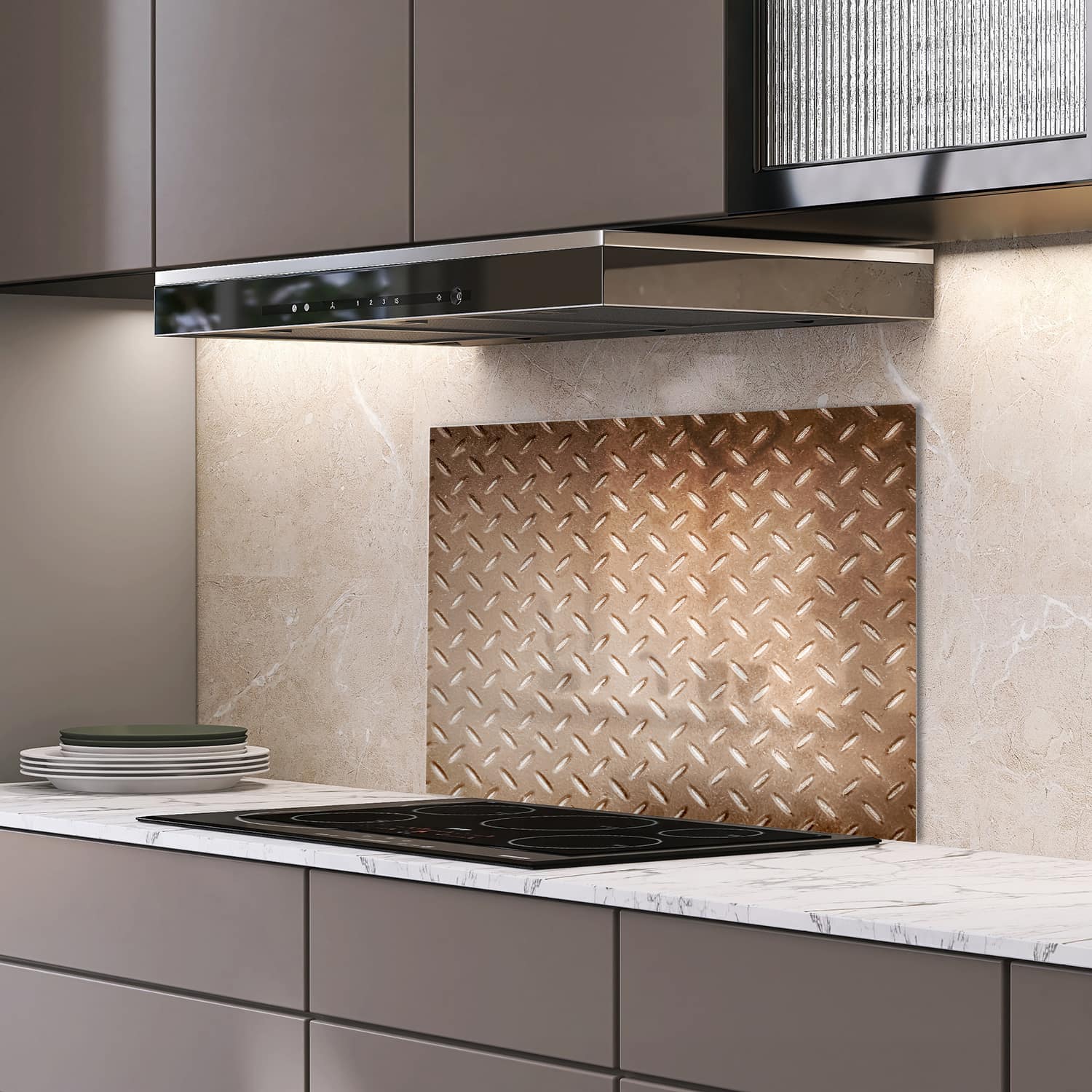 Eigen afmeting spatscherm-op-maat Keuken - Hittebestendig gehard glas - Roestige Traanplaat