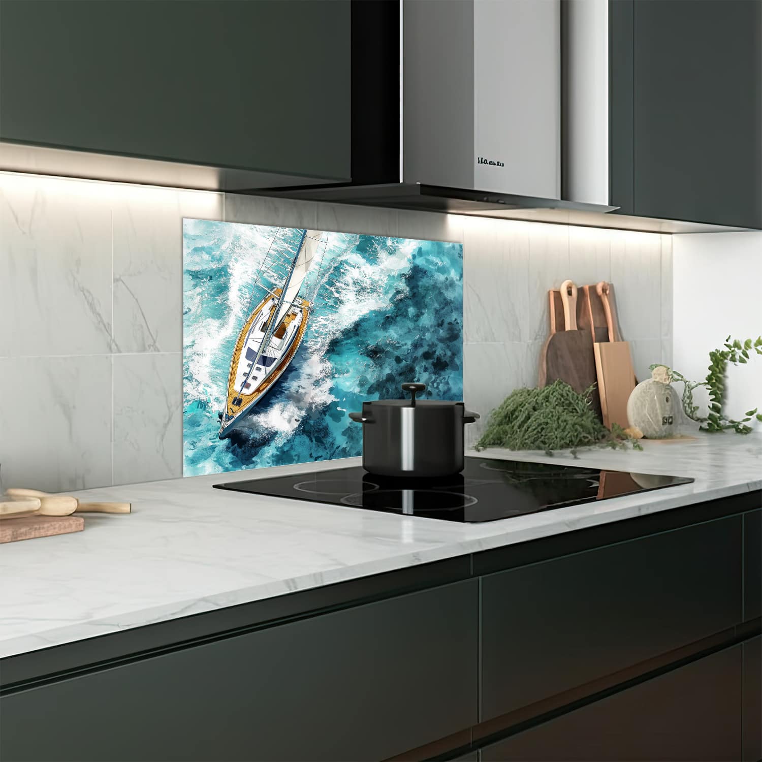 Eigen afmeting spatscherm-op-maat Keuken - Hittebestendig gehard glas - Waterverf Schilderij Zeilboot