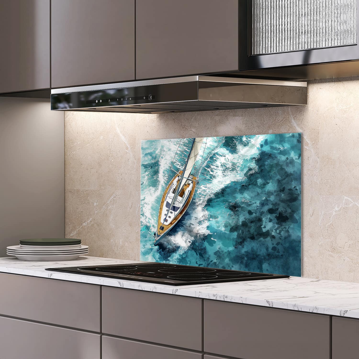 Eigen afmeting spatscherm-op-maat Keuken - Hittebestendig gehard glas - Waterverf Schilderij Zeilboot