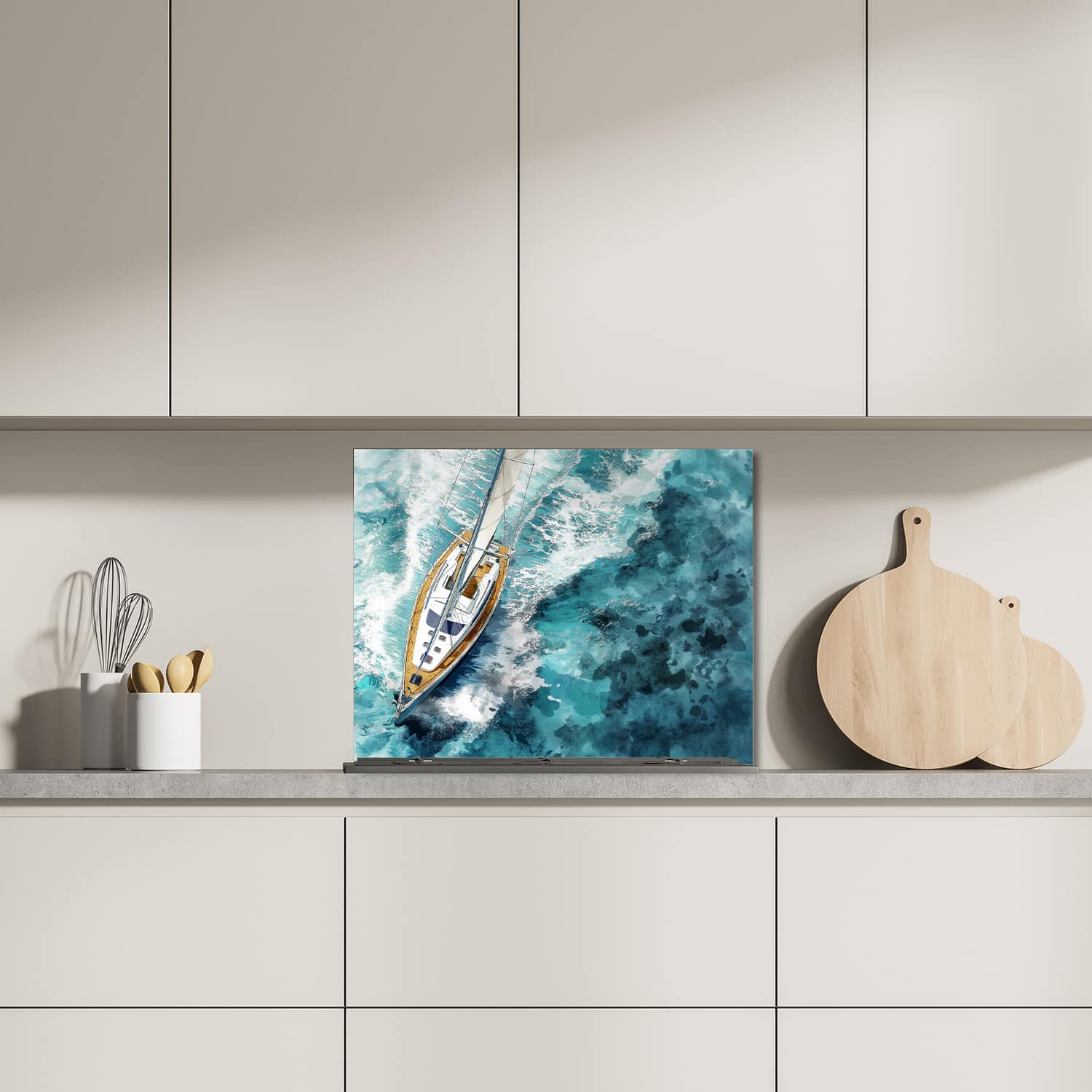 Eigen afmeting spatscherm-op-maat Keuken - Hittebestendig gehard glas - Waterverf Schilderij Zeilboot