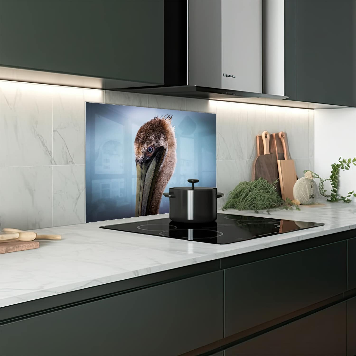 Eigen afmeting spatscherm-op-maat Keuken - Hittebestendig gehard glas - Majestueuze Pelikaan