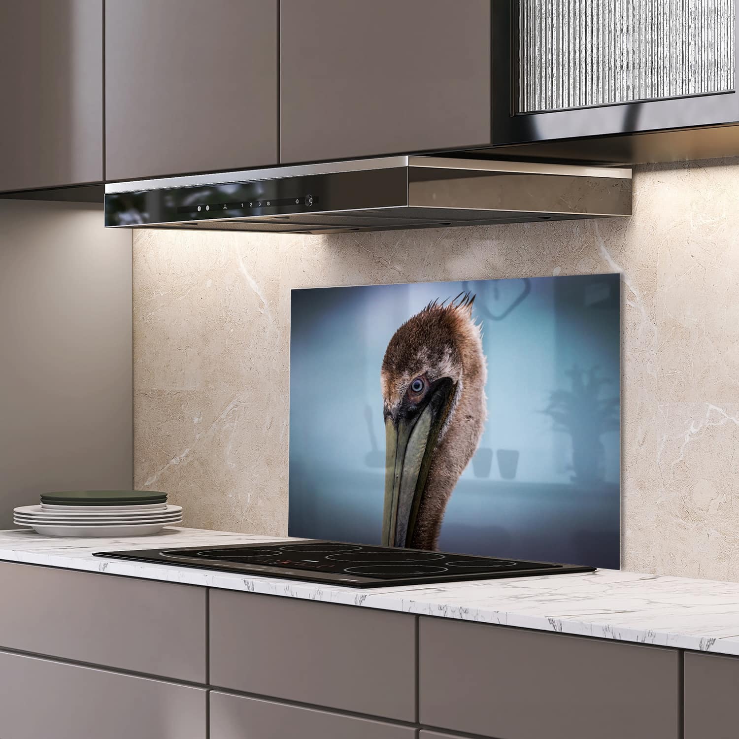 Eigen afmeting spatscherm-op-maat Keuken - Hittebestendig gehard glas - Majestueuze Pelikaan