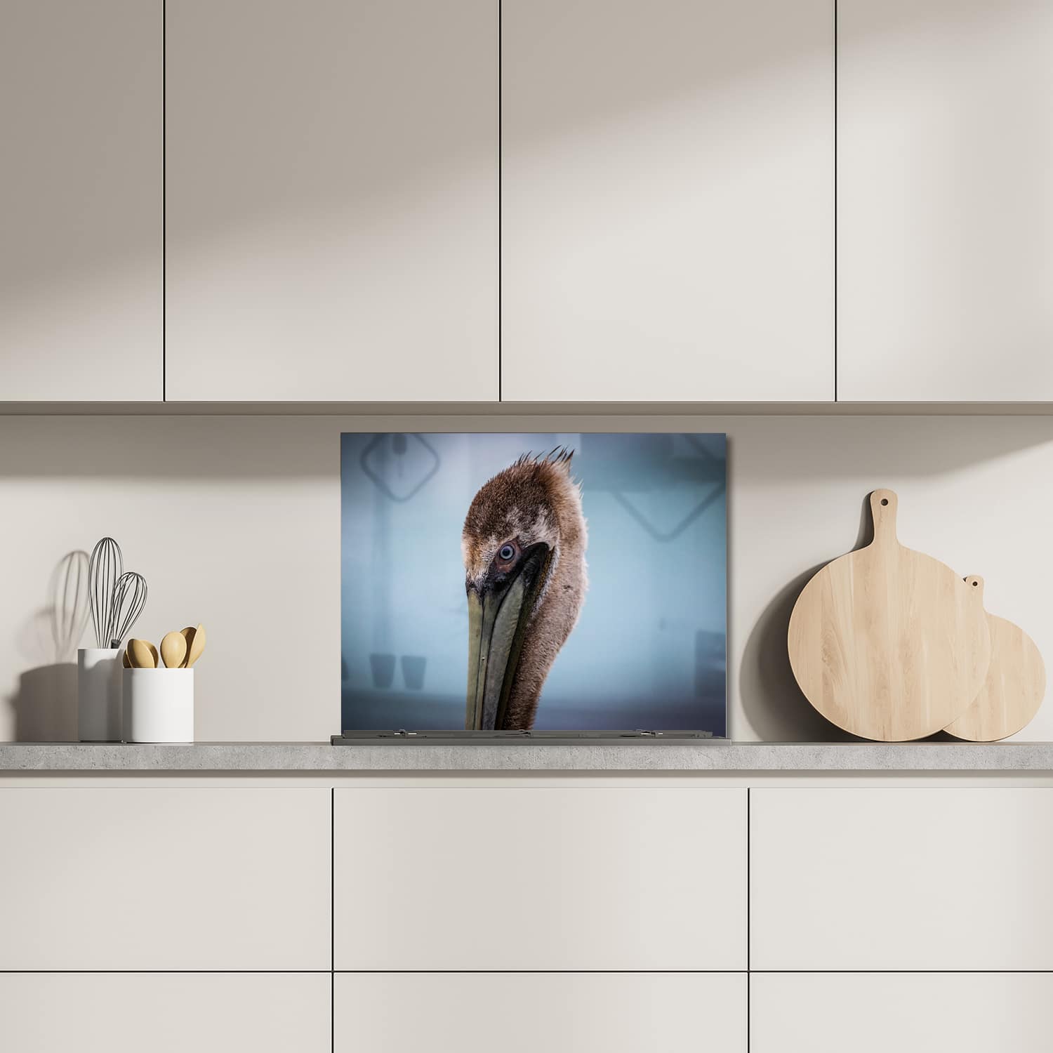 Eigen afmeting spatscherm-op-maat Keuken - Hittebestendig gehard glas - Majestueuze Pelikaan