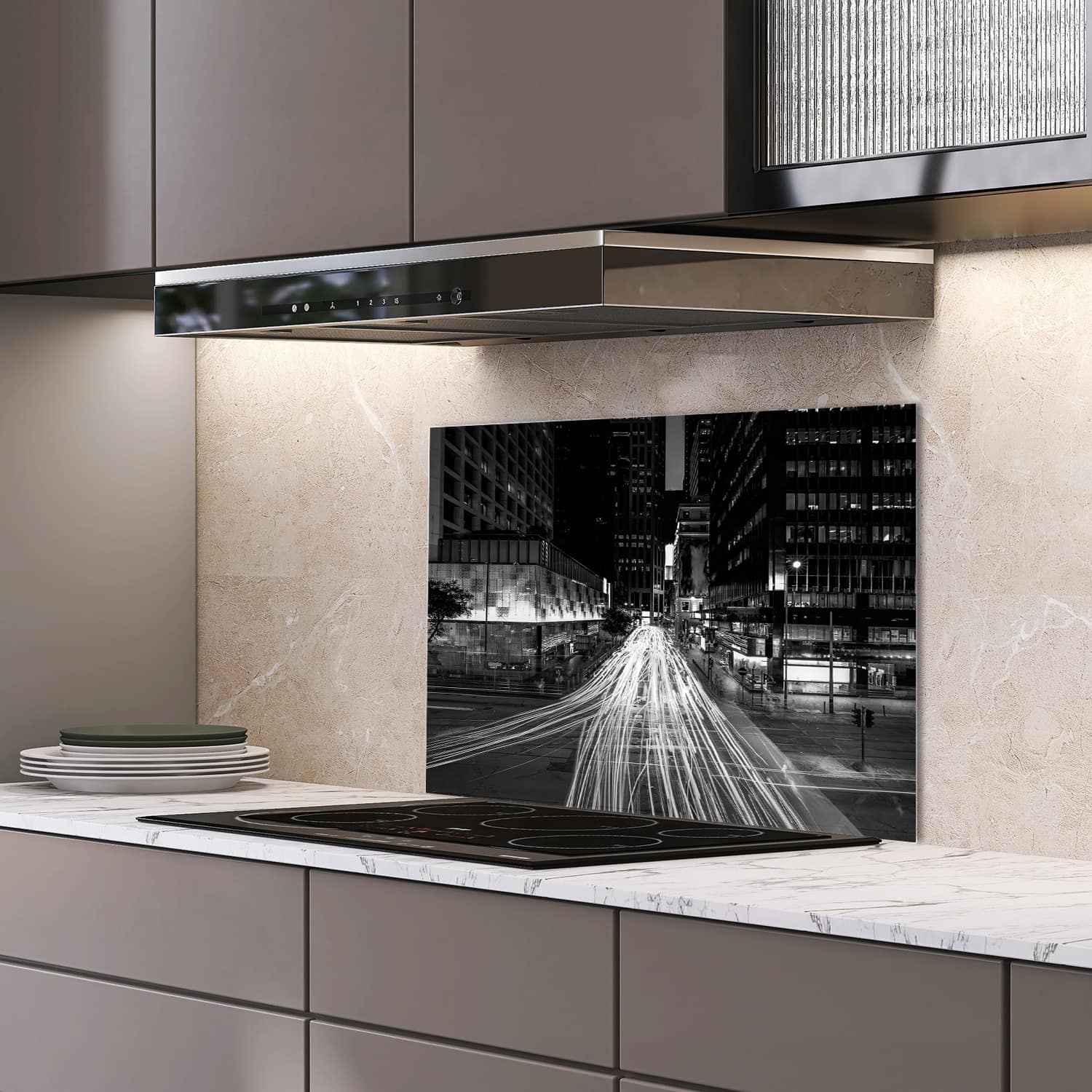 Eigen afmeting spatscherm-op-maat Keuken - Hittebestendig gehard glas - Bewegende Lichten