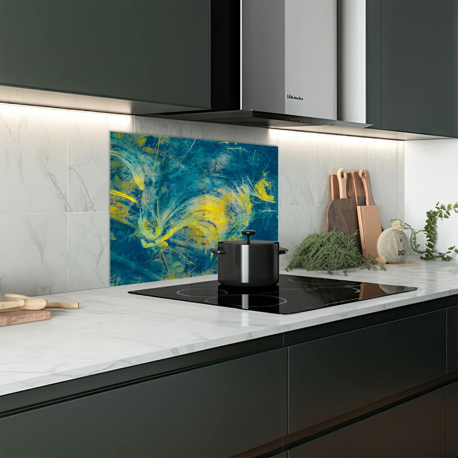 Eigen afmeting spatscherm-op-maat Keuken - Hittebestendig gehard glas - Abstracte Verf Golven