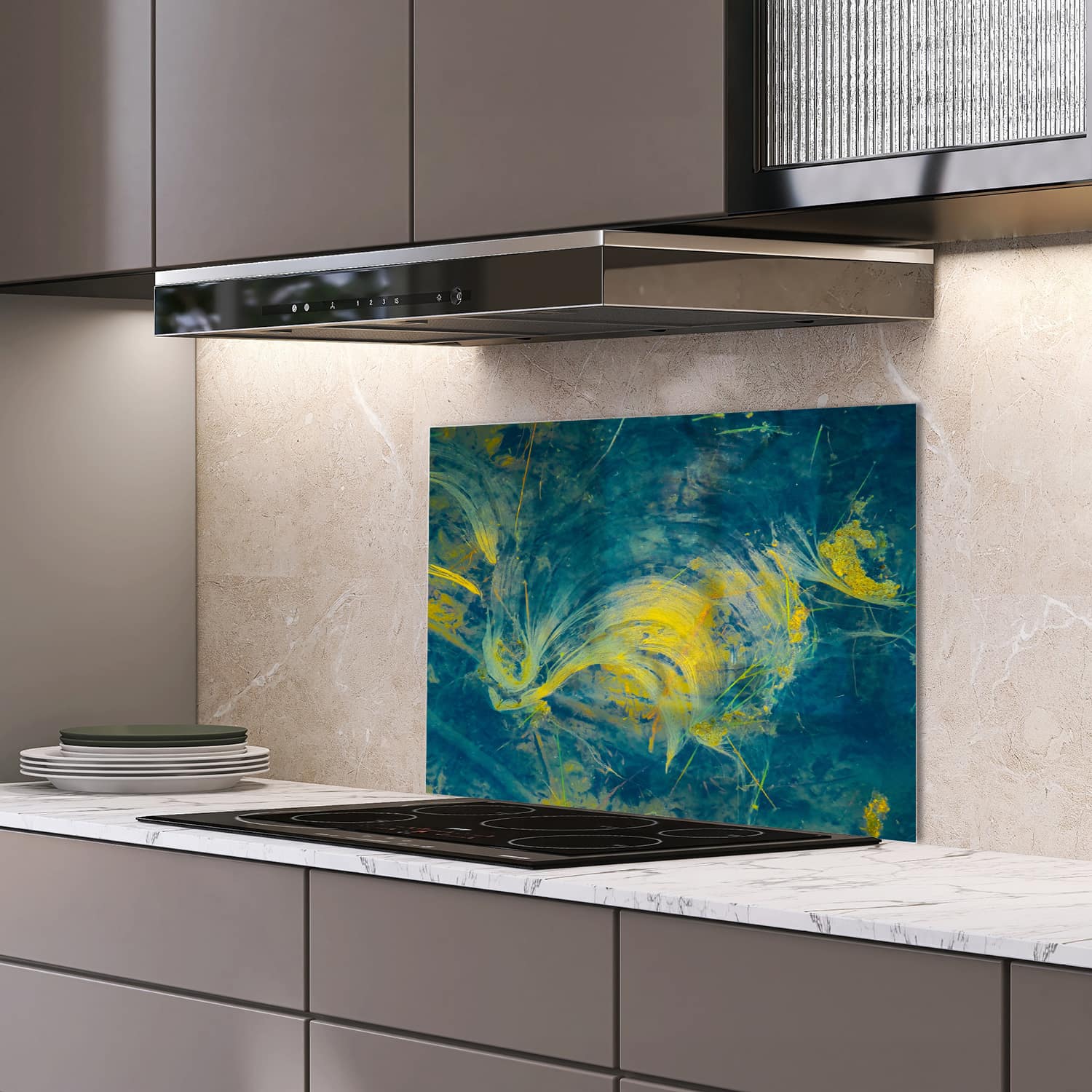 Eigen afmeting spatscherm-op-maat Keuken - Hittebestendig gehard glas - Abstracte Verf Golven