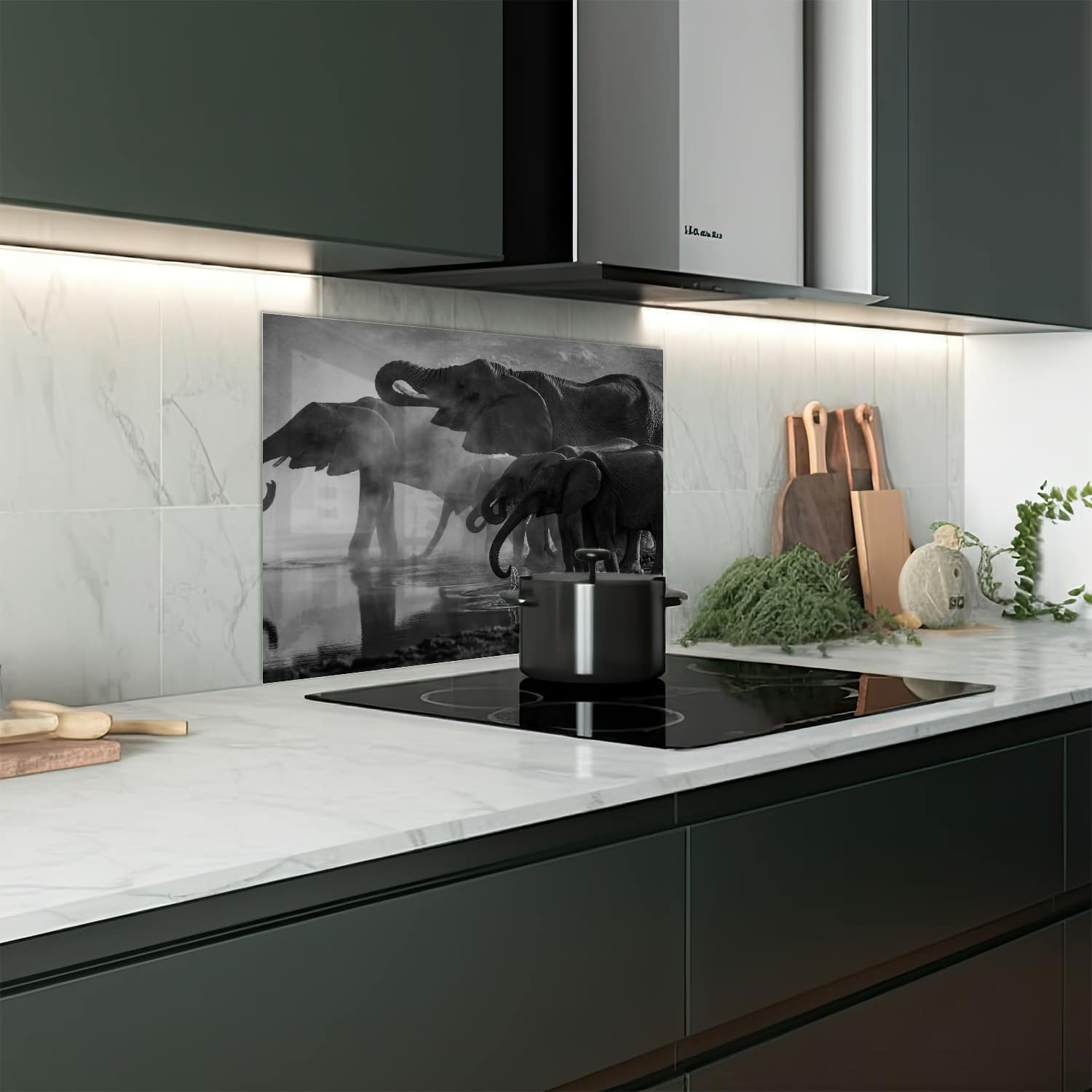 Eigen afmeting spatscherm-op-maat Keuken - Hittebestendig gehard glas - Zwart-Wit Olifanten