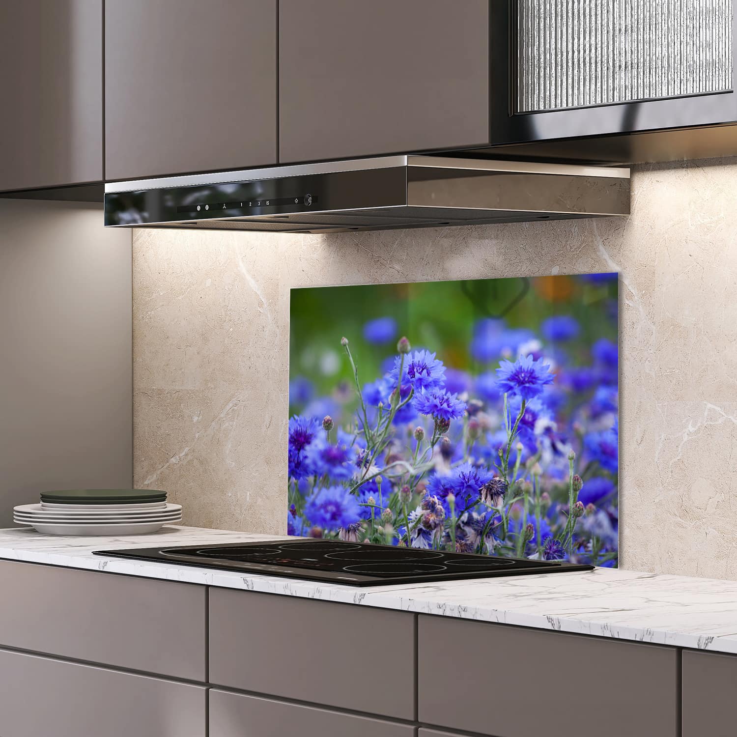 Eigen afmeting spatscherm-op-maat Keuken - Hittebestendig gehard glas - Korenbloemen in Bloei