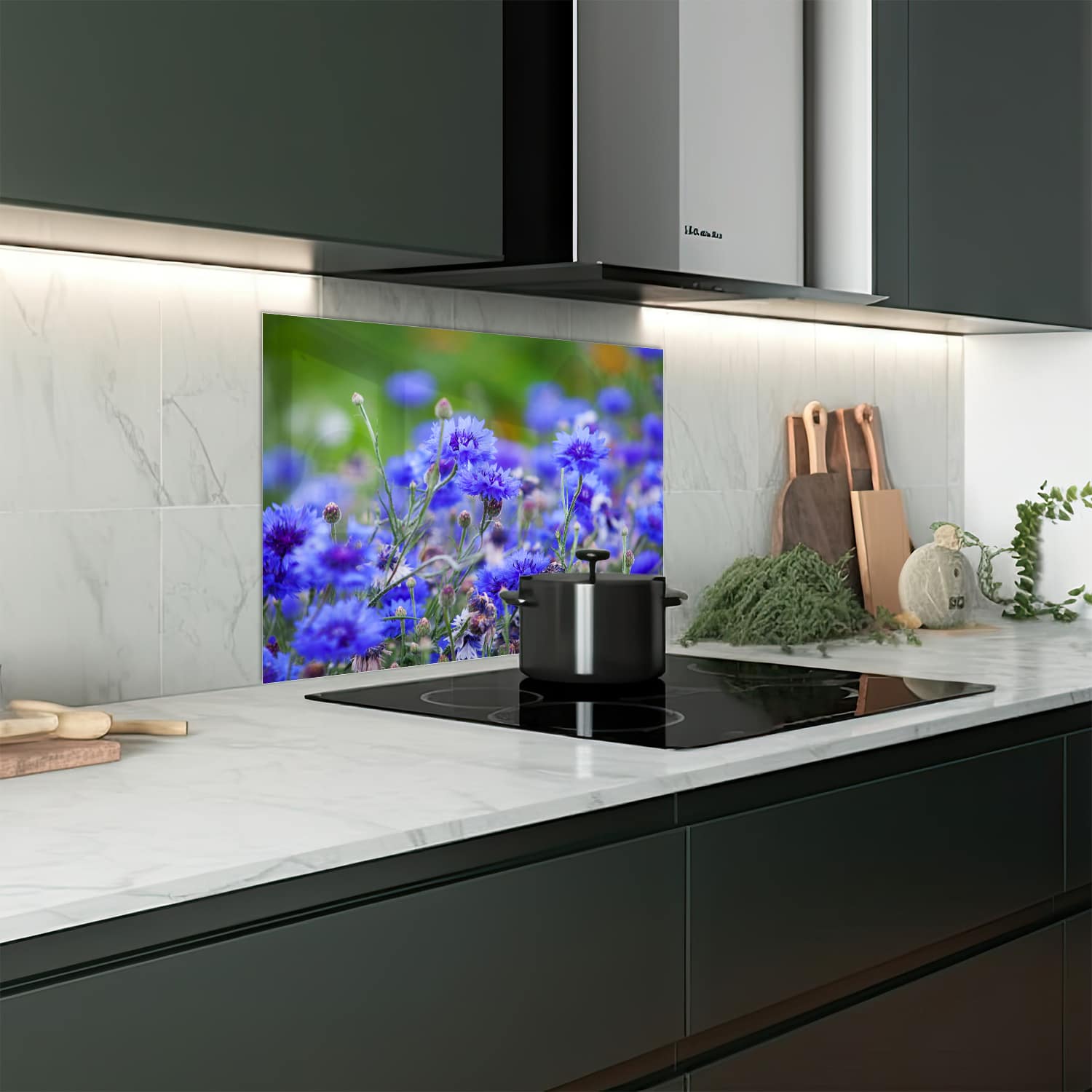 Eigen afmeting spatscherm-op-maat Keuken - Hittebestendig gehard glas - Korenbloemen in Bloei