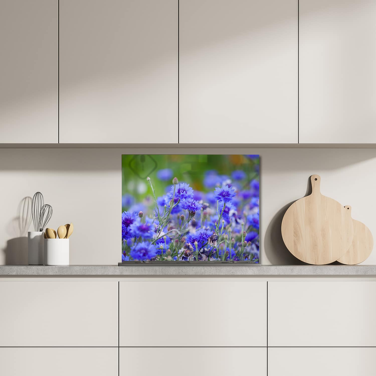 Eigen afmeting spatscherm-op-maat Keuken - Hittebestendig gehard glas - Korenbloemen in Bloei