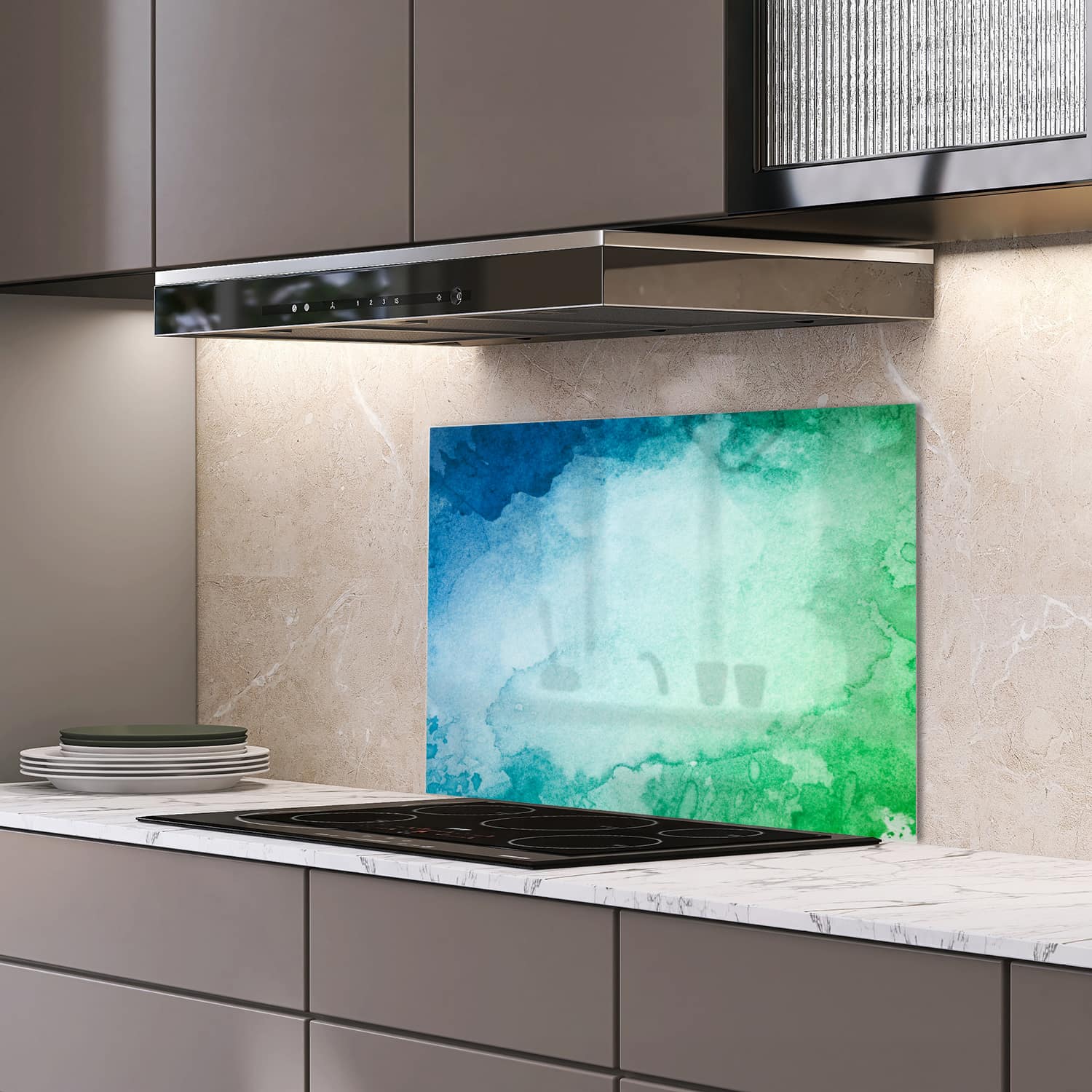Eigen afmeting spatscherm-op-maat Keuken - Hittebestendig gehard glas - Groen-Blauwe Waterverf
