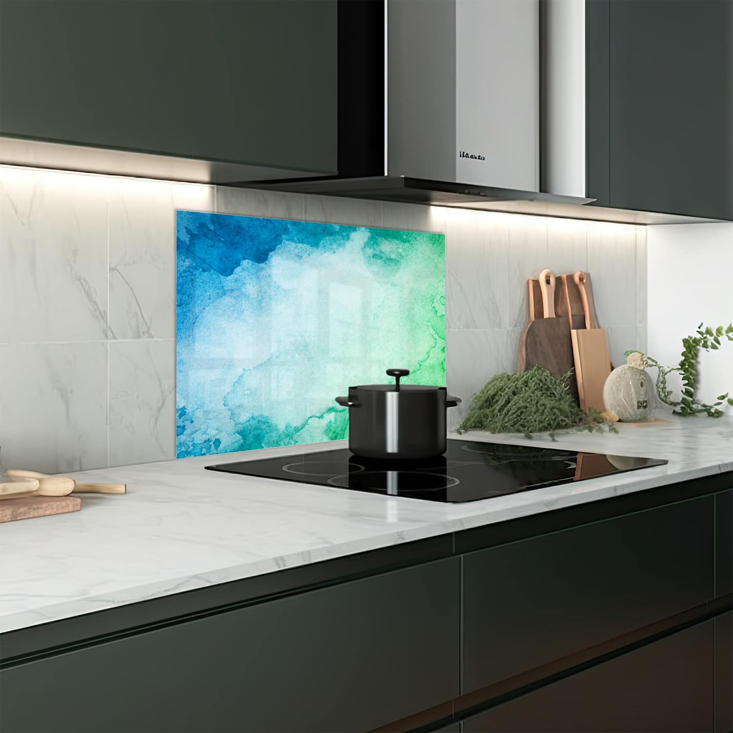 Eigen afmeting spatscherm-op-maat Keuken - Hittebestendig gehard glas - Groen-Blauwe Waterverf