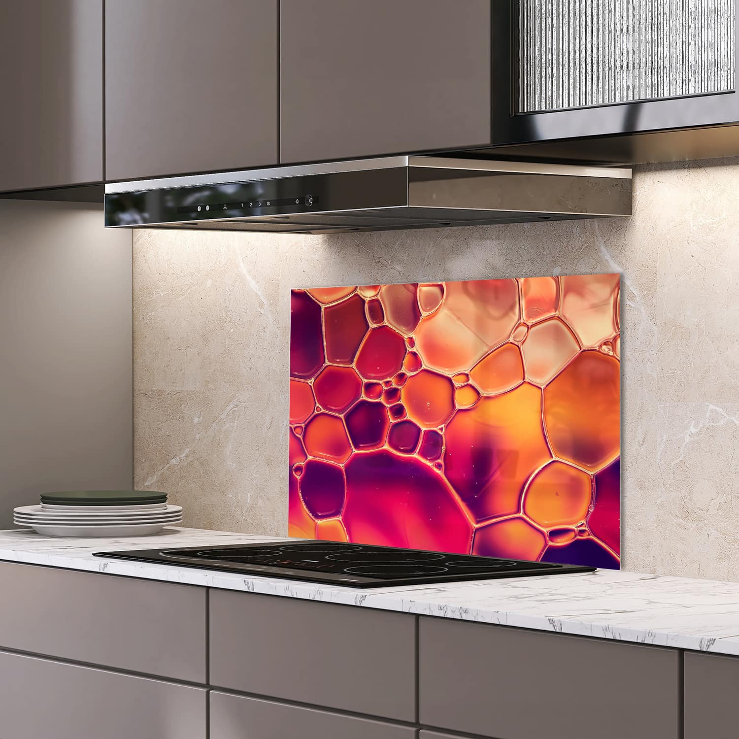 Eigen afmeting spatscherm-op-maat Keuken - Hittebestendig gehard glas - Abstracte Waterdruppels