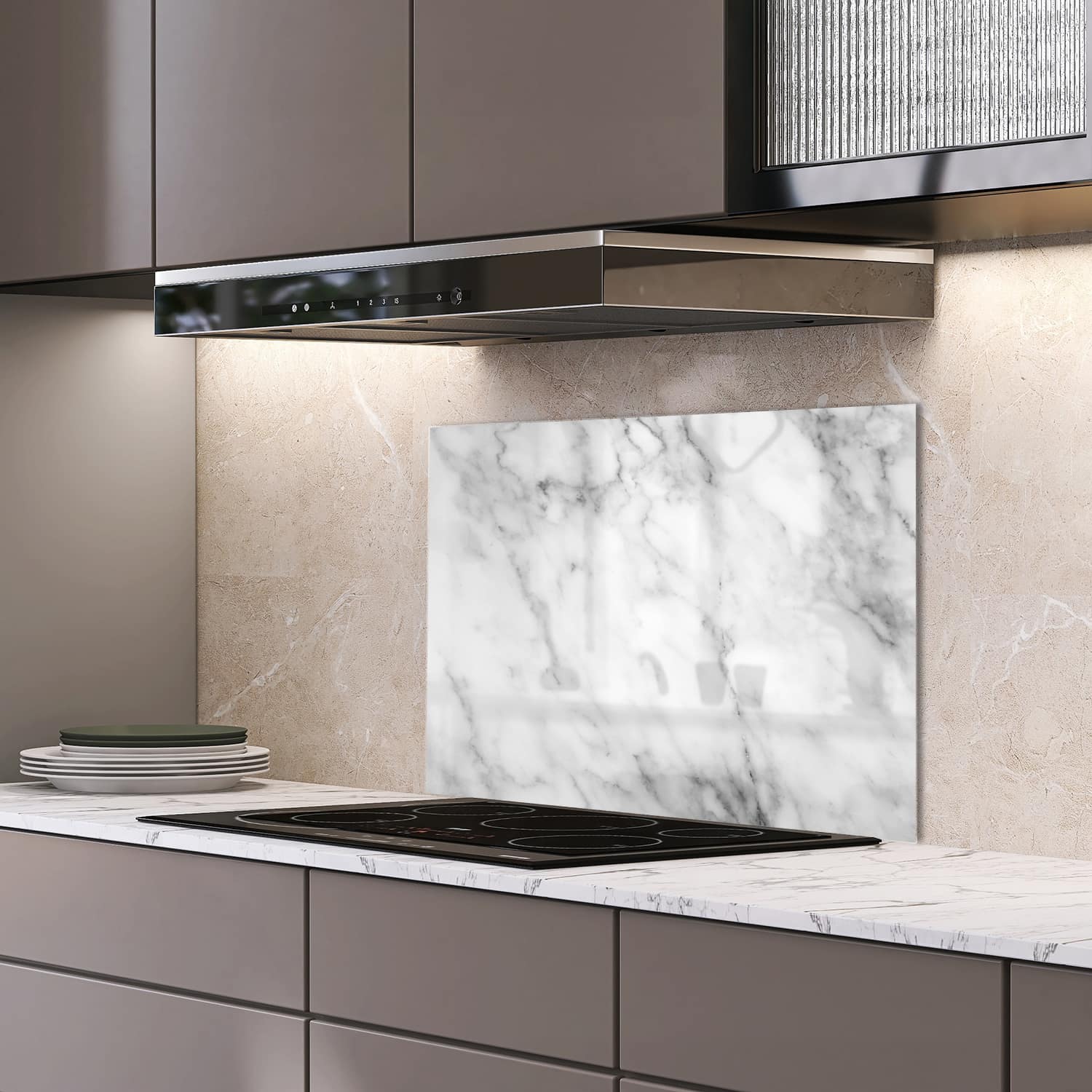 Eigen afmeting spatscherm-op-maat Keuken - Hittebestendig gehard glas - Wit Marmer met Zwarte Aderen
