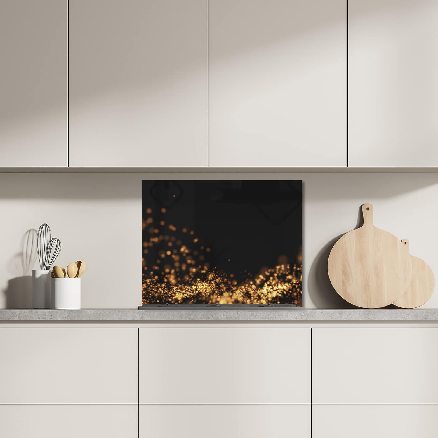 Eigen afmeting spatscherm-op-maat Keuken - Hittebestendig gehard glas - Gouden Golvende Glitter Achtergrond