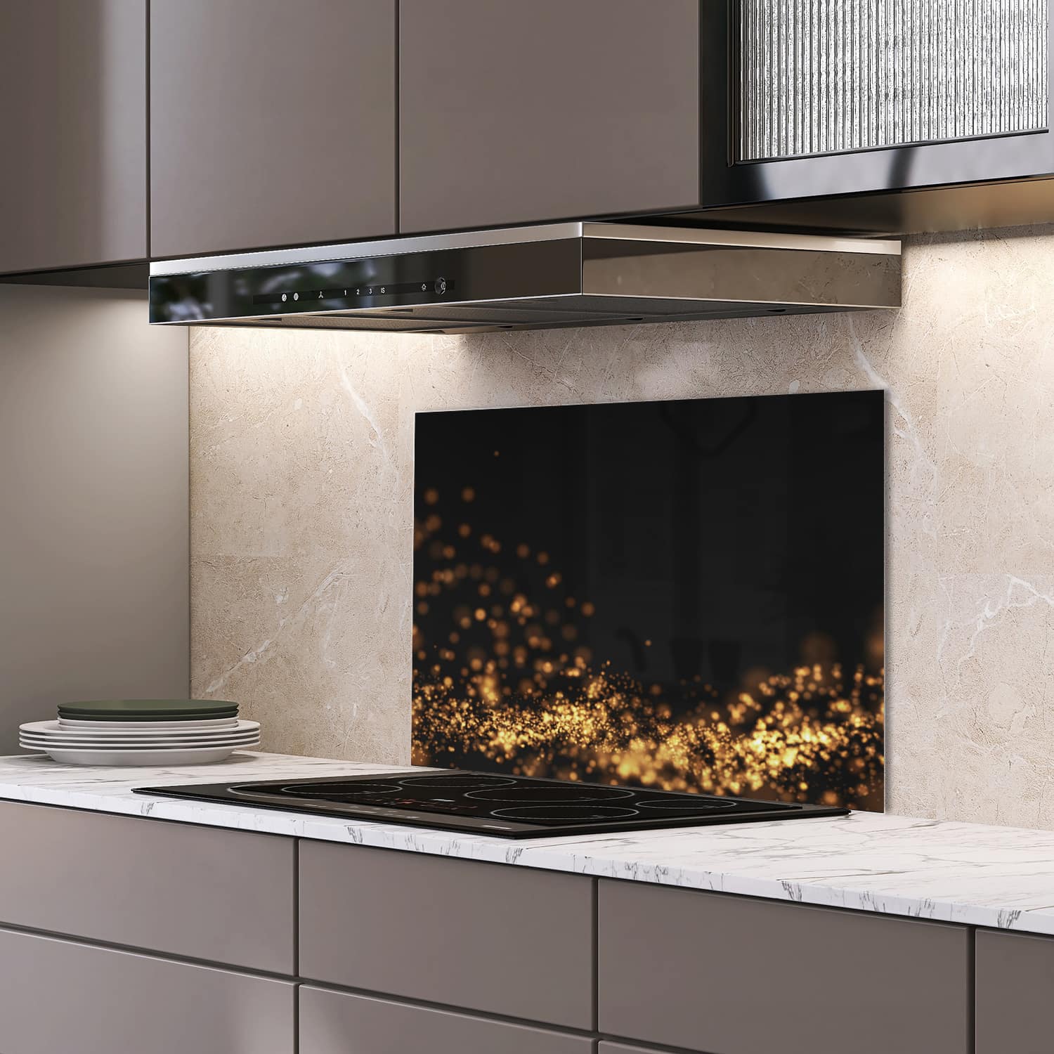Eigen afmeting spatscherm-op-maat Keuken - Hittebestendig gehard glas - Gouden Golvende Glitter Achtergrond
