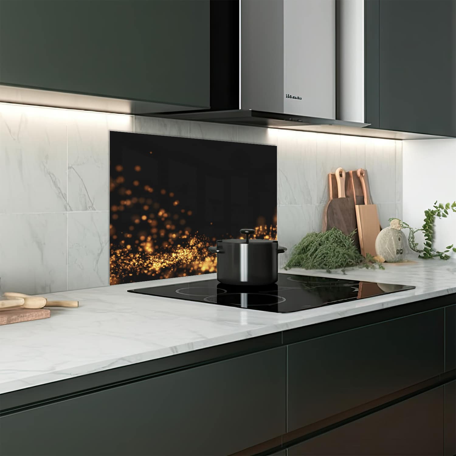 Eigen afmeting spatscherm-op-maat Keuken - Hittebestendig gehard glas - Gouden Golvende Glitter Achtergrond