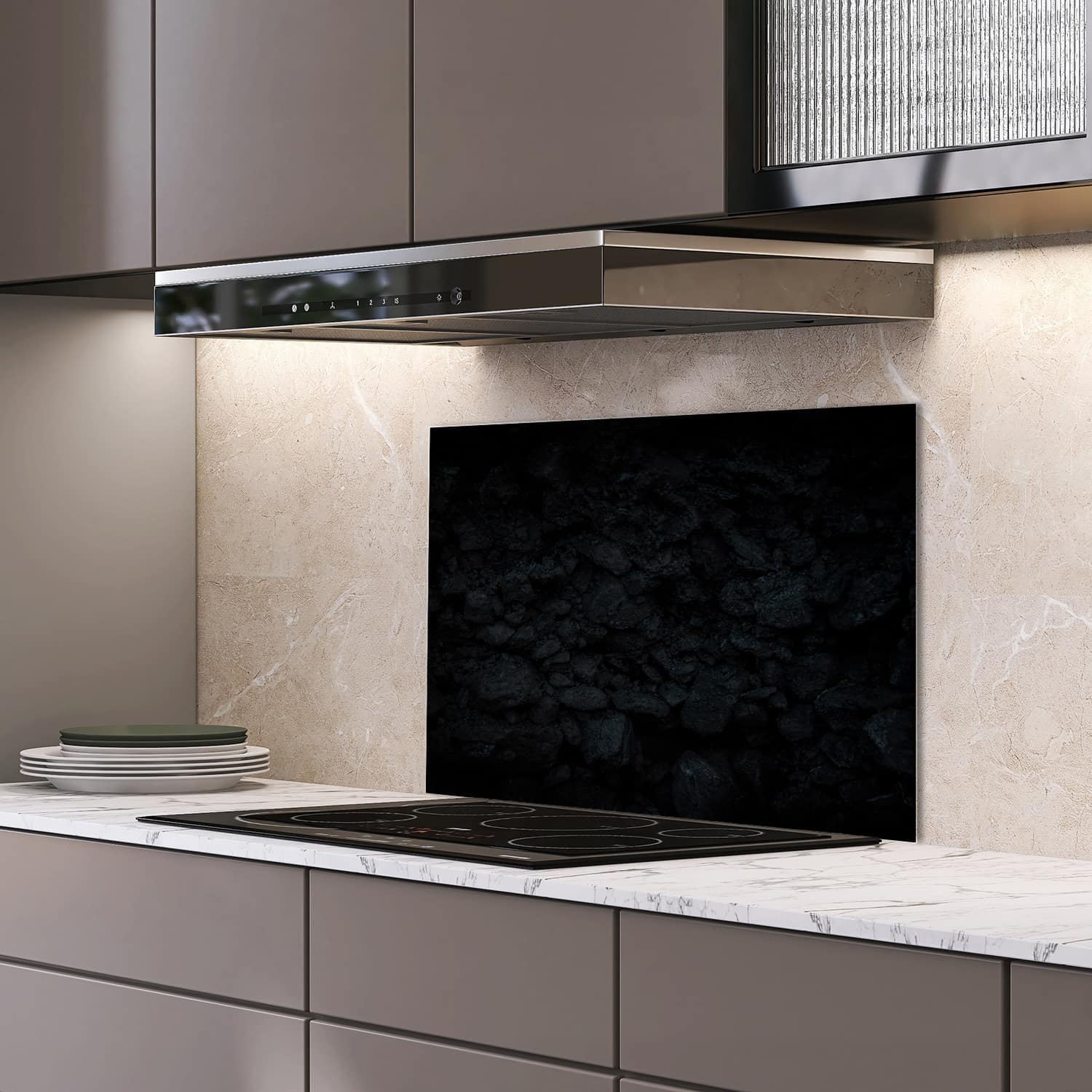 Eigen afmeting spatscherm-op-maat Keuken - Hittebestendig gehard glas - Zwarte Muur