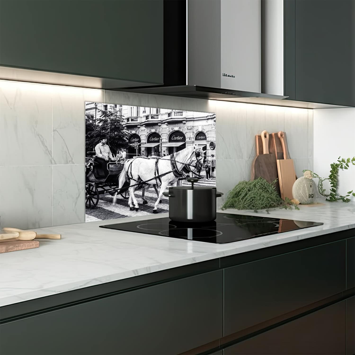 Eigen afmeting spatscherm-op-maat Keuken - Hittebestendig gehard glas - Paard en Wagen voor Cartier Winkel