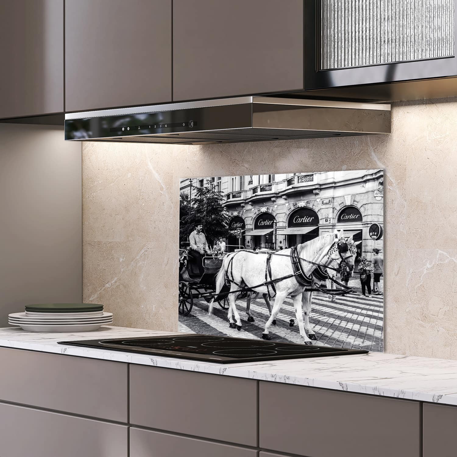 Eigen afmeting spatscherm-op-maat Keuken - Hittebestendig gehard glas - Paard en Wagen voor Cartier Winkel