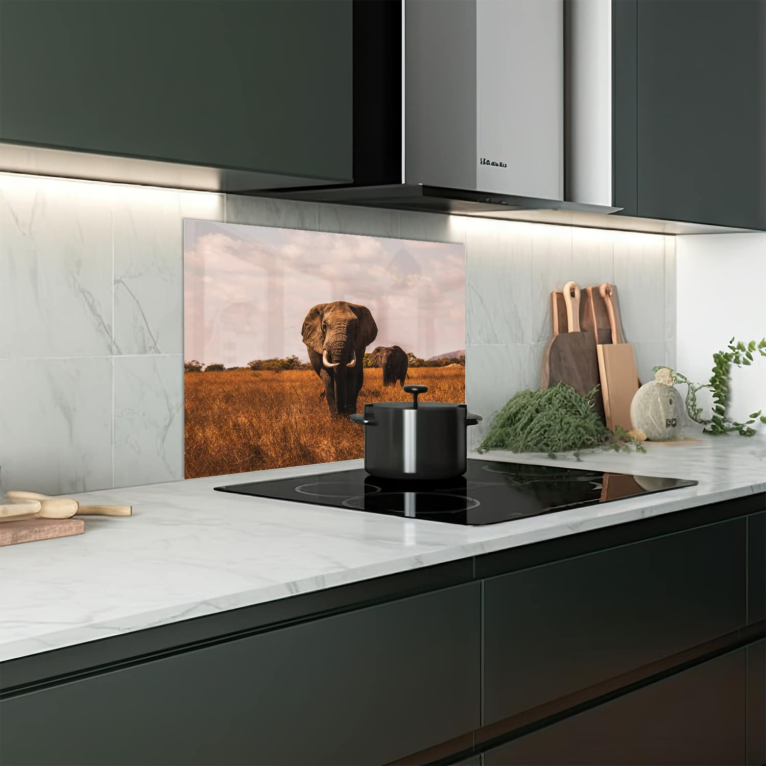Eigen afmeting spatscherm-op-maat Keuken - Hittebestendig gehard glas - Olifanten in het veld