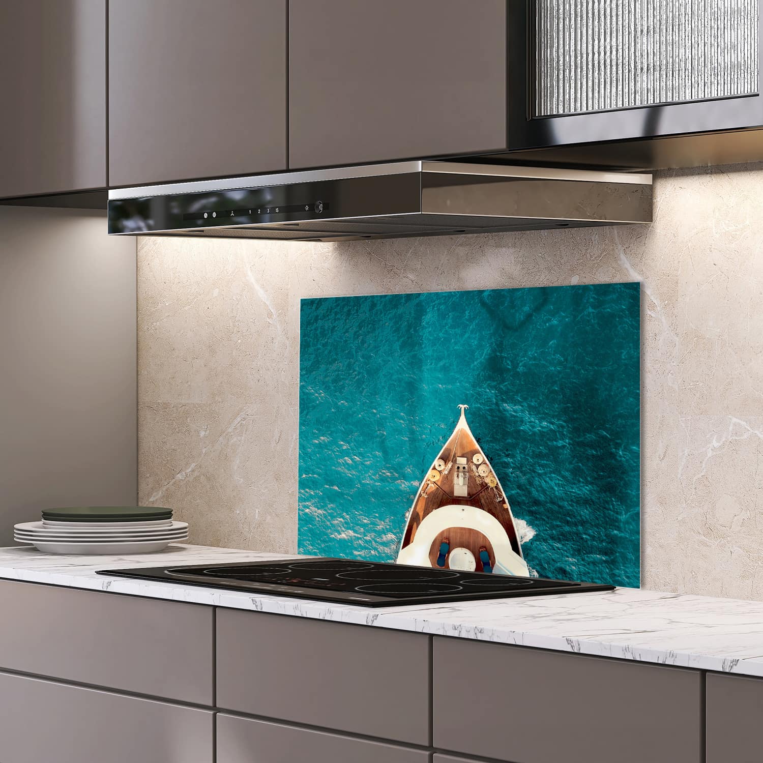 Eigen afmeting spatscherm-op-maat Keuken - Hittebestendig gehard glas - Voorkant Jacht