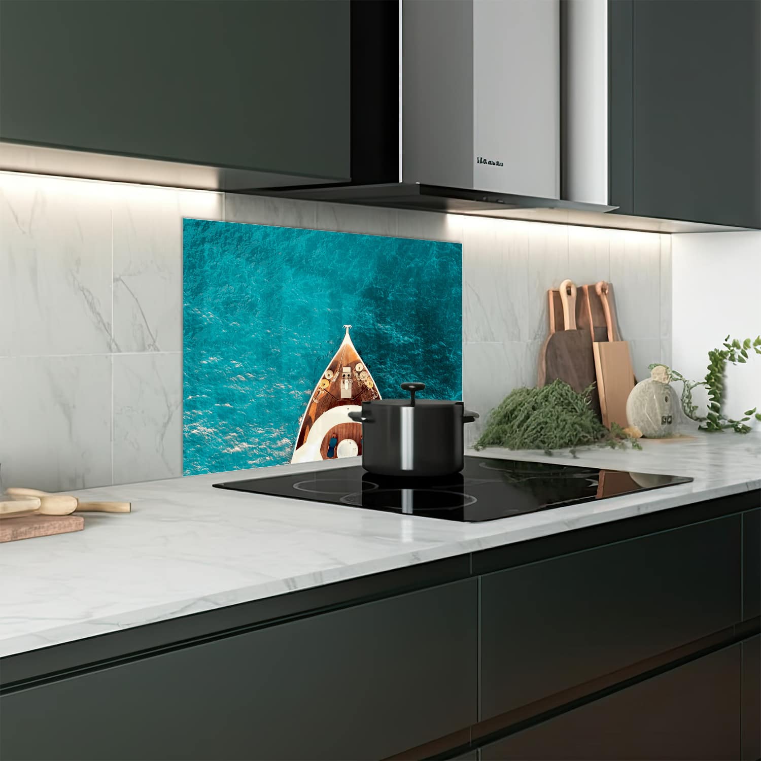 Eigen afmeting spatscherm-op-maat Keuken - Hittebestendig gehard glas - Voorkant Jacht