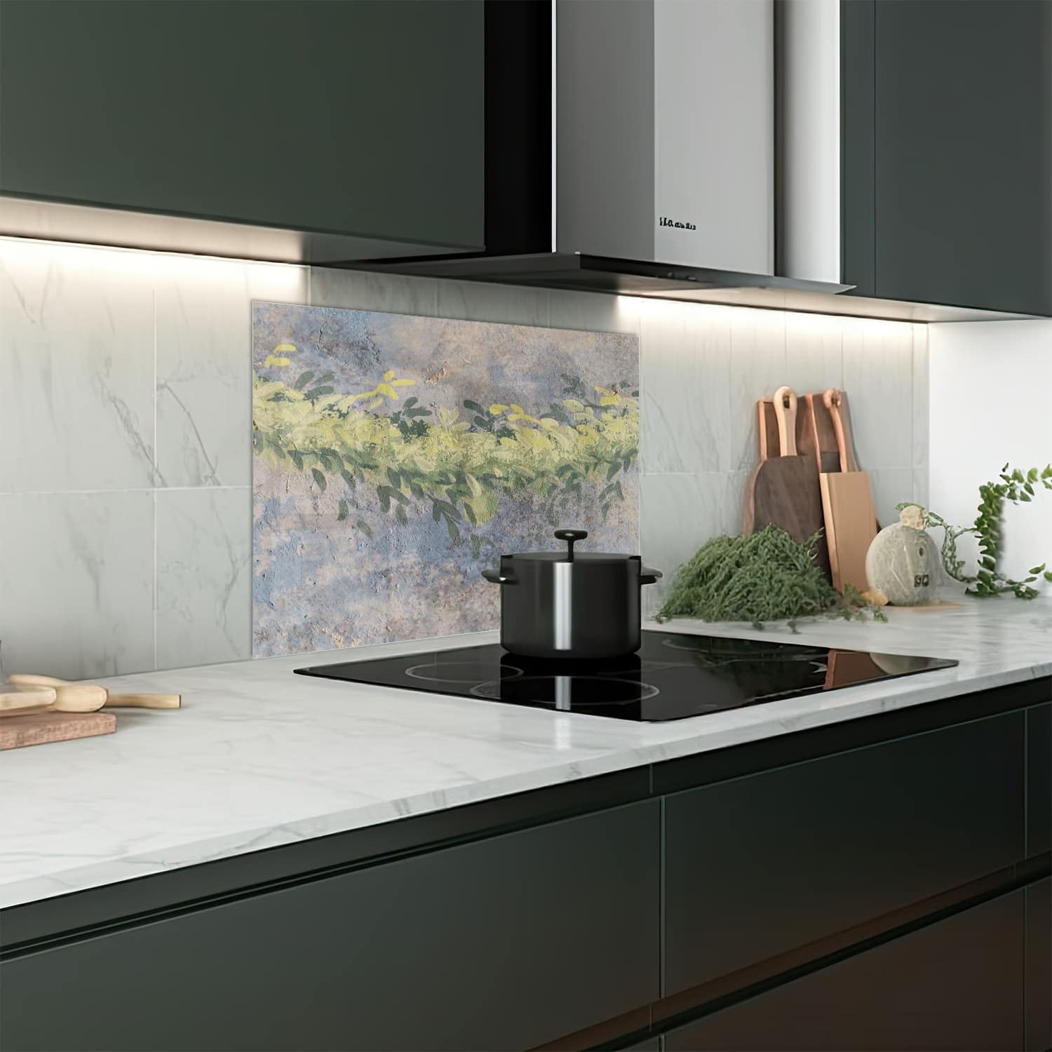 Eigen afmeting spatscherm-op-maat Keuken - Hittebestendig gehard glas - Waterverf Schilderij Bladeren