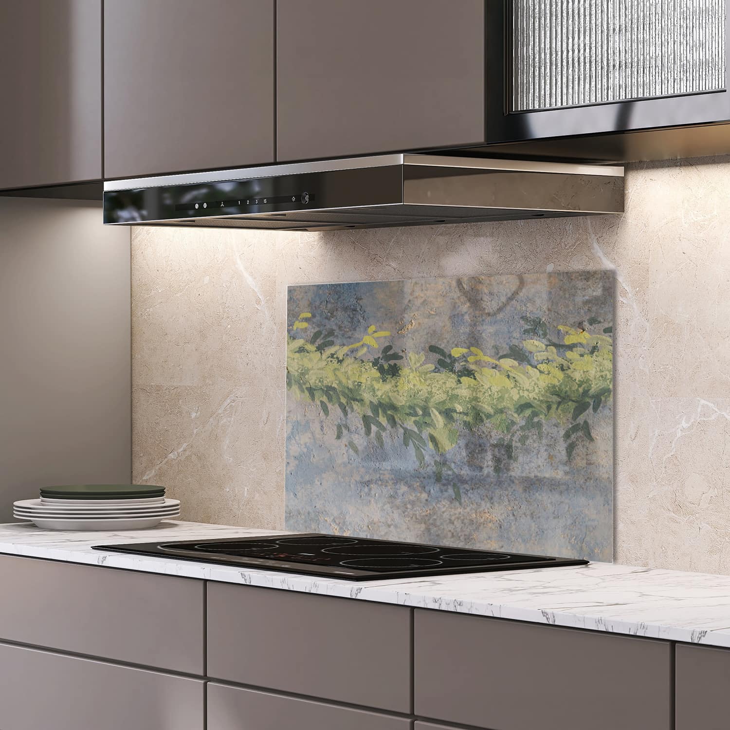 Eigen afmeting spatscherm-op-maat Keuken - Hittebestendig gehard glas - Waterverf Schilderij Bladeren
