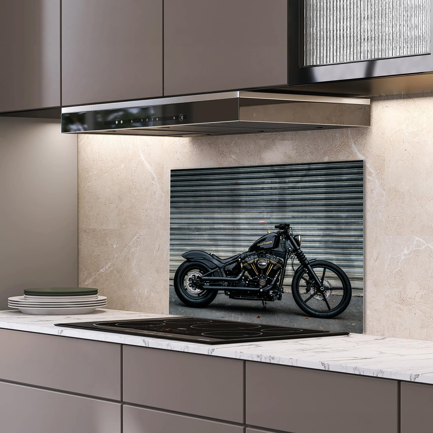 Eigen afmeting spatscherm-op-maat Keuken - Hittebestendig gehard glas - Harley Davidson