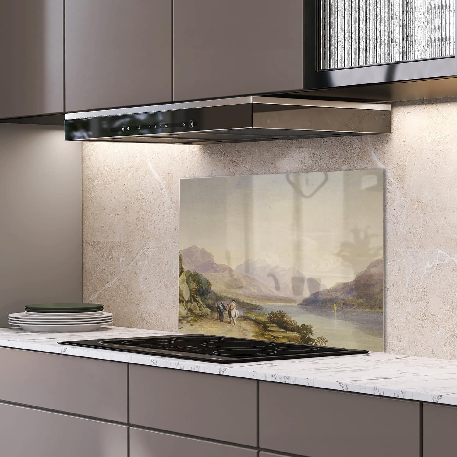 Eigen afmeting spatscherm-op-maat Keuken - Hittebestendig gehard glas - Waterverf Schilderij Paard in de Bergen