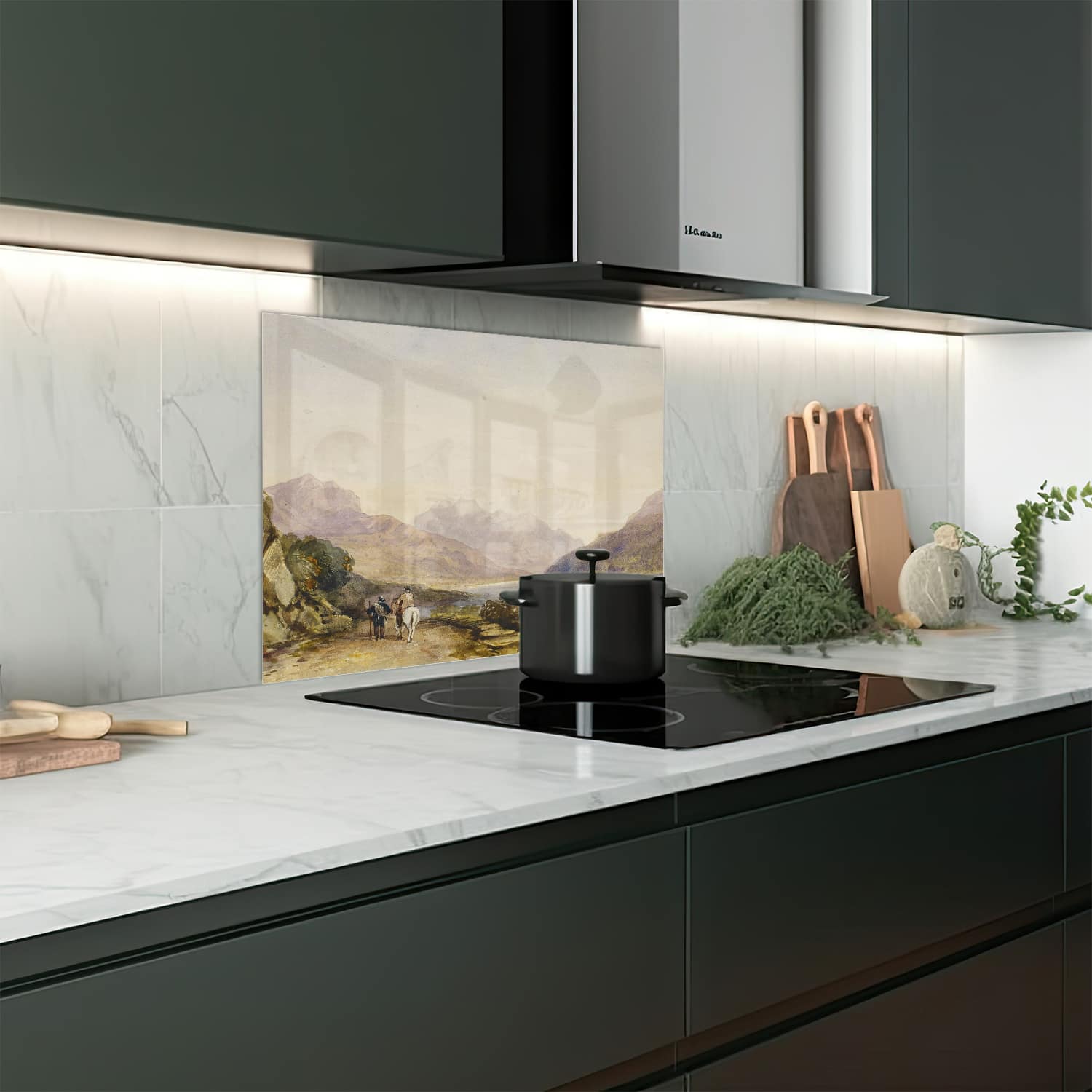 Eigen afmeting spatscherm-op-maat Keuken - Hittebestendig gehard glas - Waterverf Schilderij Paard in de Bergen