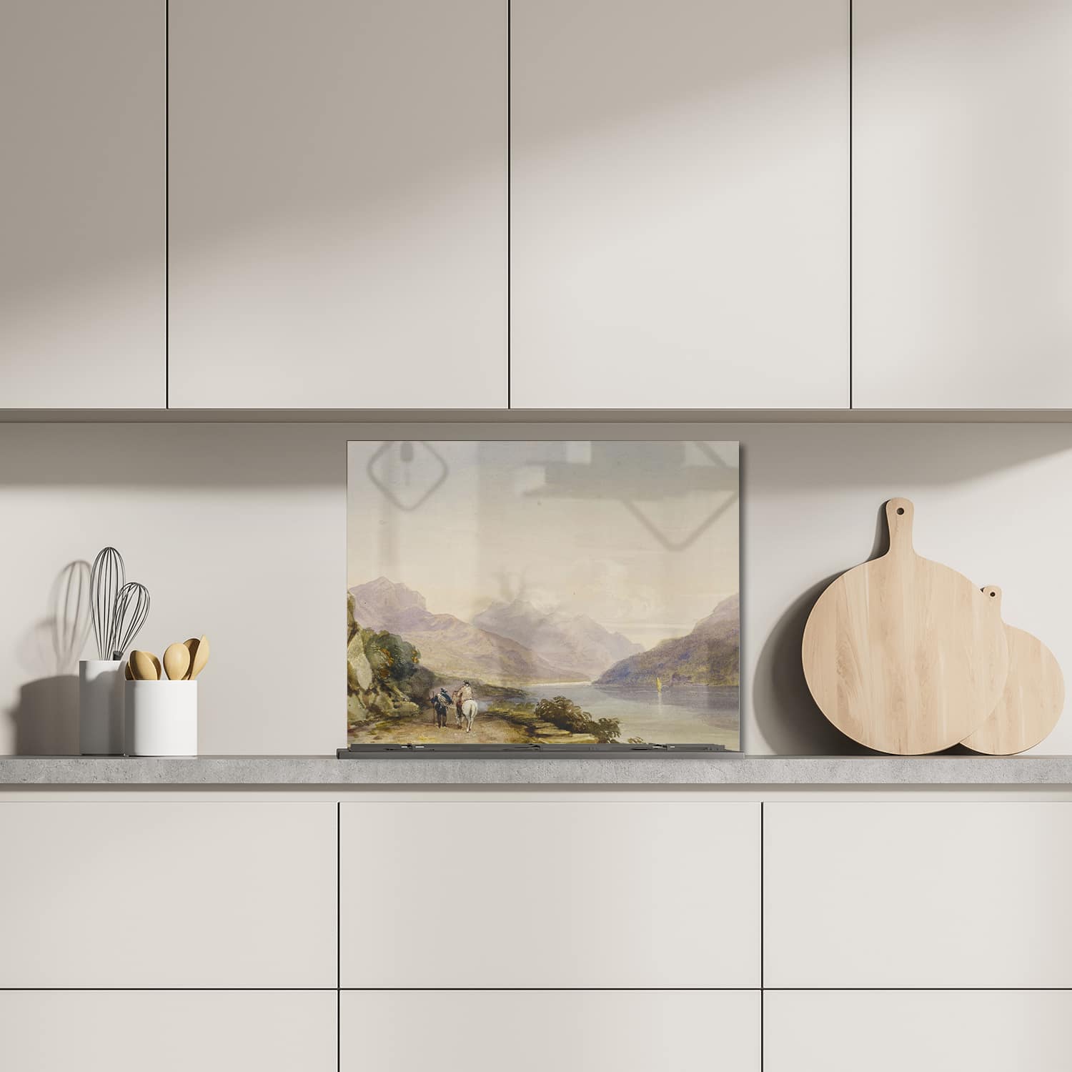 Eigen afmeting spatscherm-op-maat Keuken - Hittebestendig gehard glas - Waterverf Schilderij Paard in de Bergen