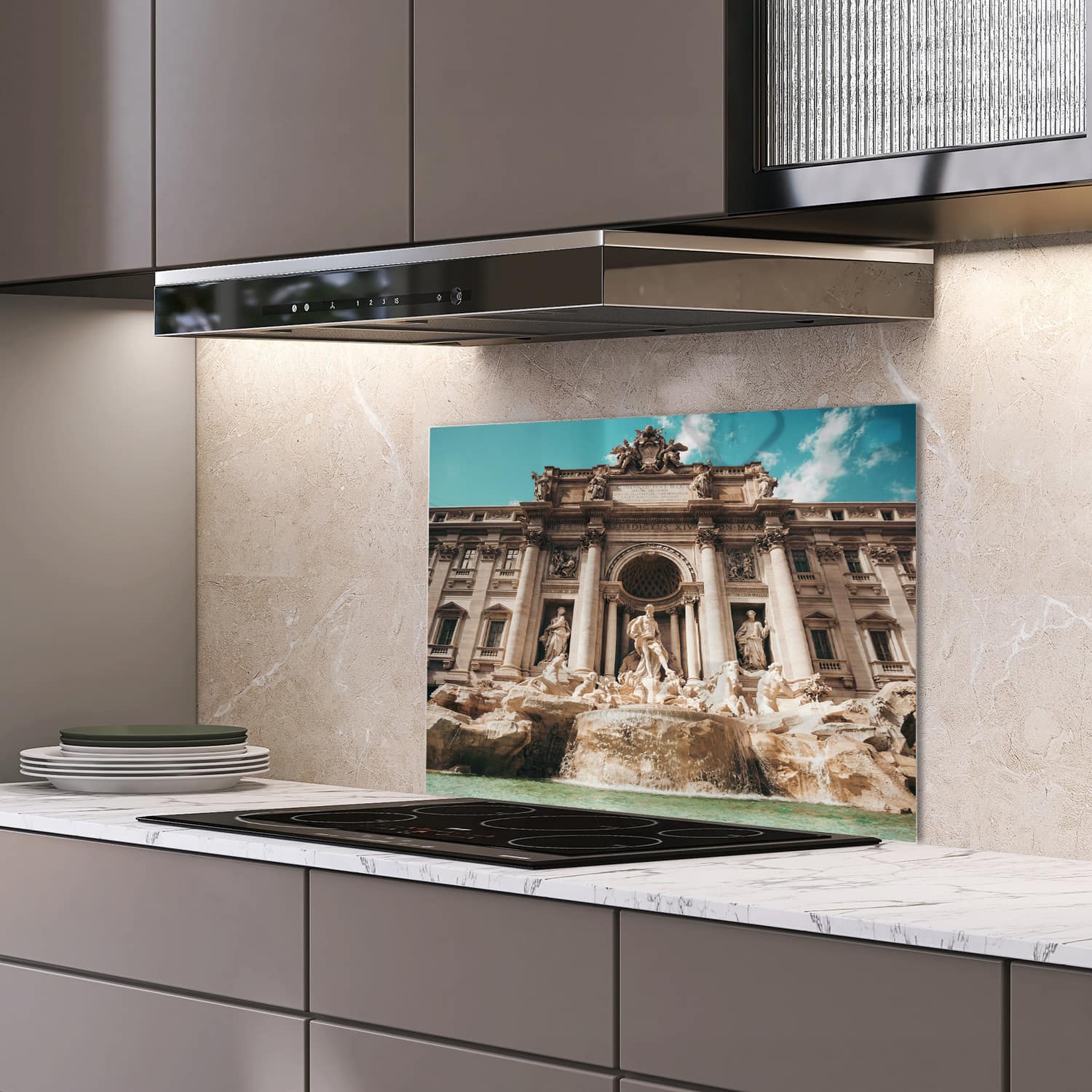 Eigen afmeting spatscherm-op-maat Keuken - Hittebestendig gehard glas - Trevifontein in Detail
