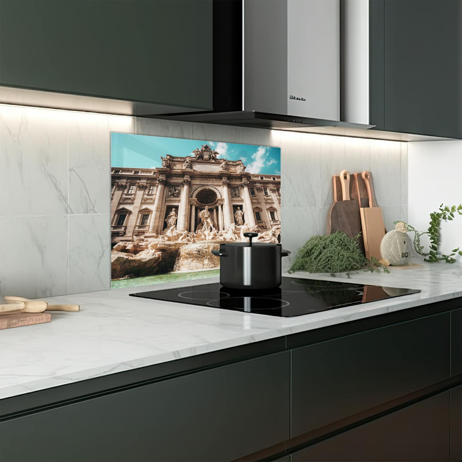 Eigen afmeting spatscherm-op-maat Keuken - Hittebestendig gehard glas - Trevifontein in Detail