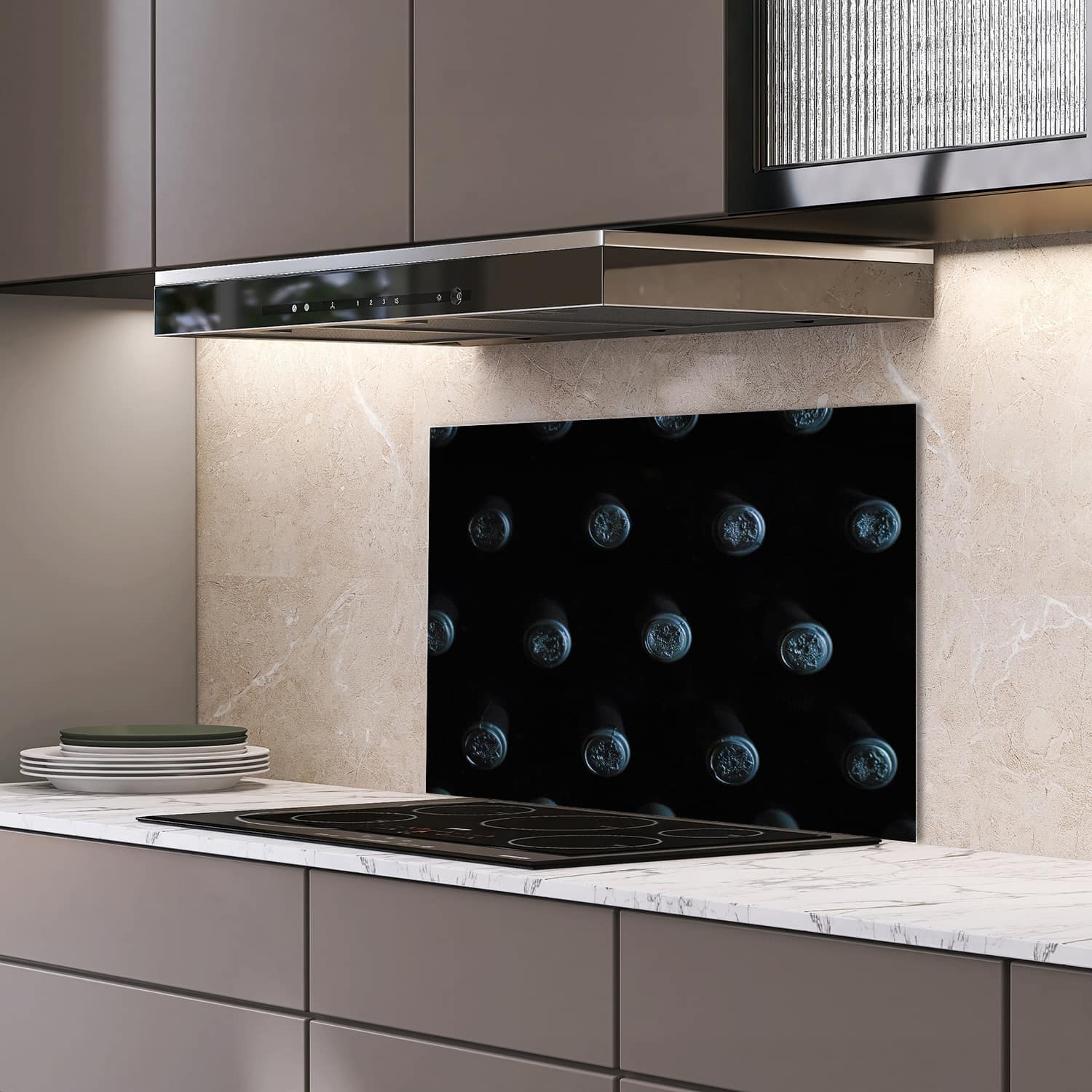 Eigen afmeting spatscherm-op-maat Keuken - Hittebestendig gehard glas - Wijnflessen van Bovenaf