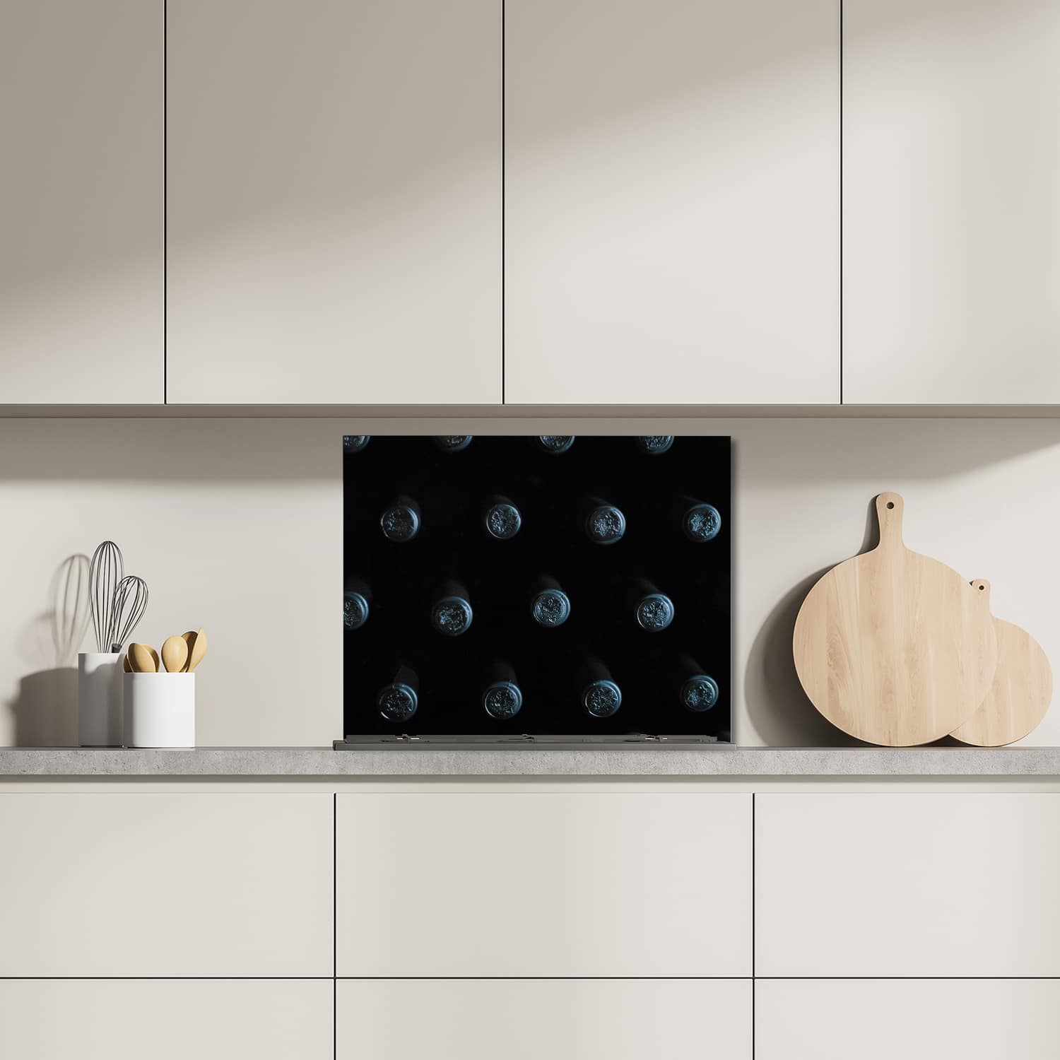 Eigen afmeting spatscherm-op-maat Keuken - Hittebestendig gehard glas - Wijnflessen van Bovenaf