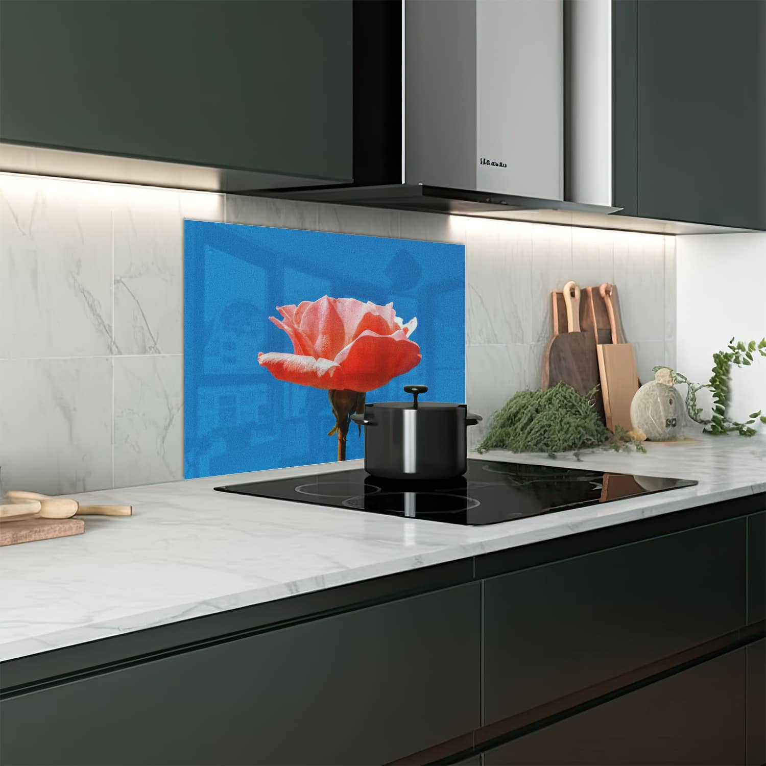 Eigen afmeting spatscherm-op-maat Keuken - Hittebestendig gehard glas - Roos met blauwe lucht