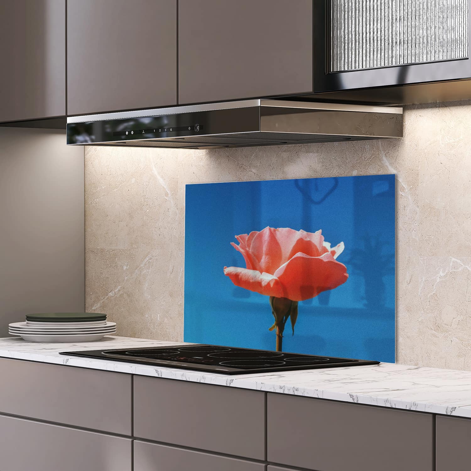 Eigen afmeting spatscherm-op-maat Keuken - Hittebestendig gehard glas - Roos met blauwe lucht