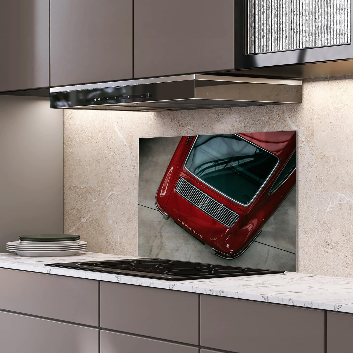 Eigen afmeting spatscherm-op-maat Keuken - Hittebestendig gehard glas - Porsche 911