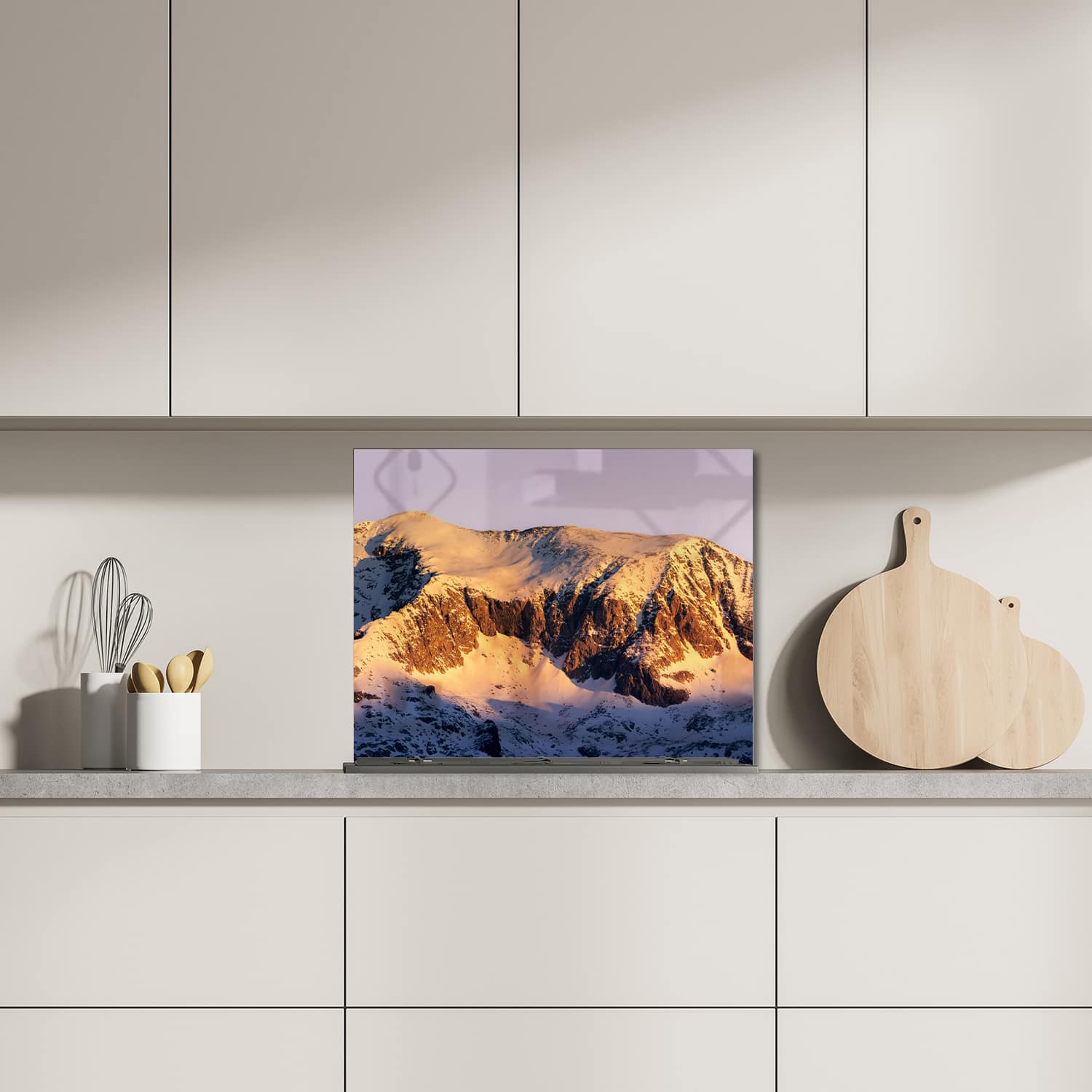Eigen afmeting spatscherm-op-maat Keuken - Hittebestendig gehard glas - Bergtoppen in het Eerste Licht