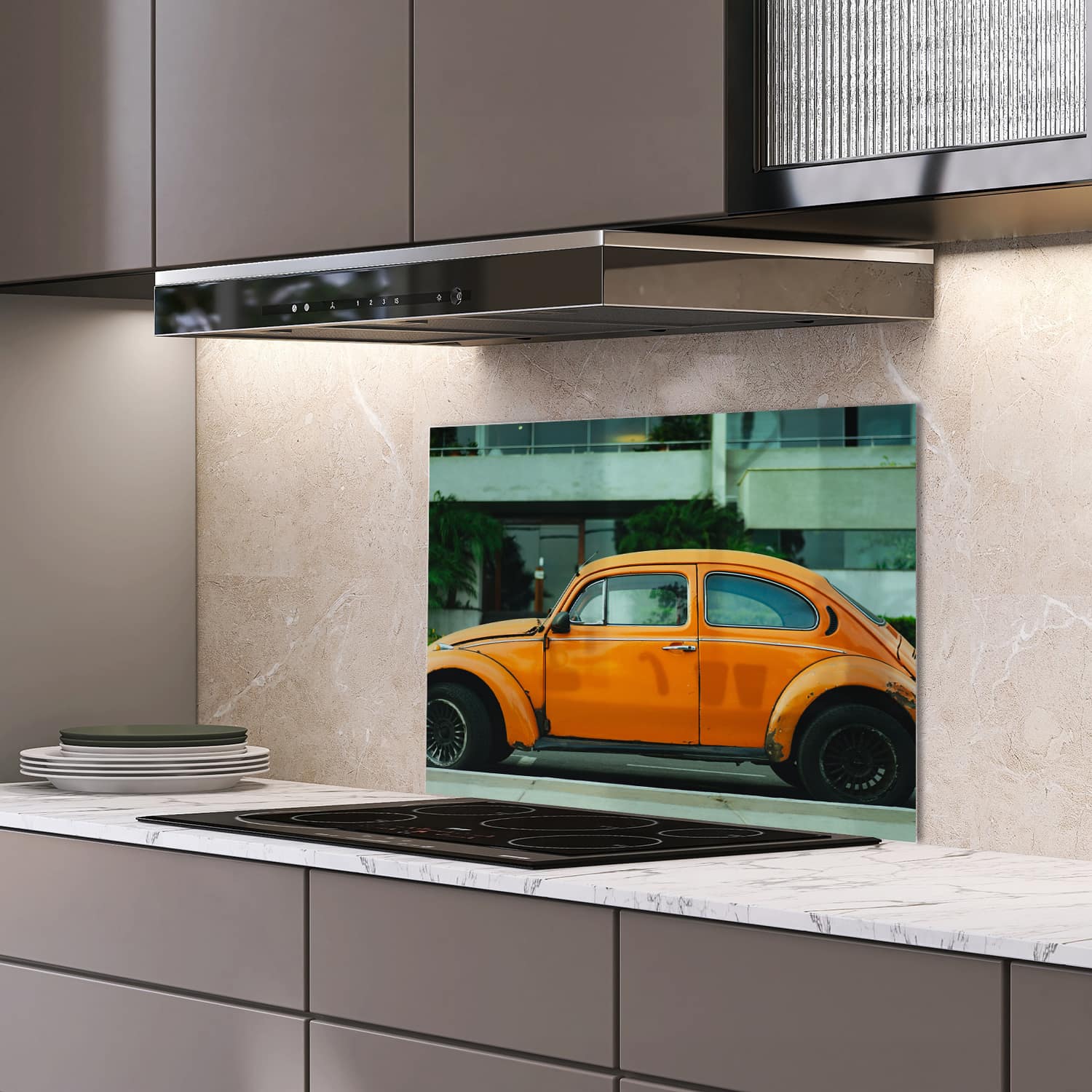 Eigen afmeting spatscherm-op-maat Keuken - Hittebestendig gehard glas - Volkswagen Kever Geel